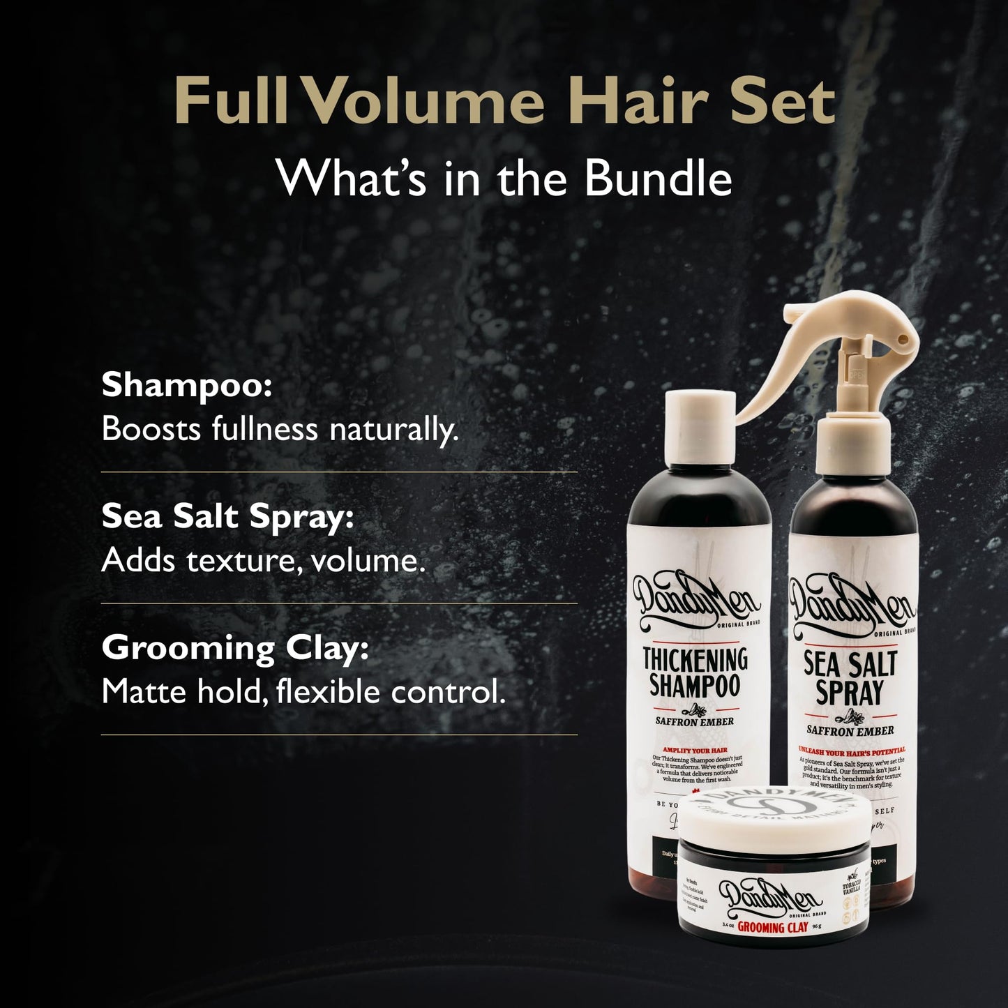 DandyMen Full Volume Hair Set for Men - Thickening Shampoo, Sea Salt Spray & Grooming Clay - 3-Step Styling Kit for Volume, Texture & Hold (Saffron