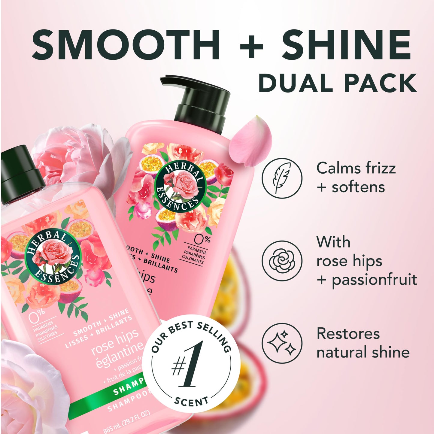 Herbal Essences Shampoo & Conditioner Set, Rose Hips + Passionfruit - Smooth Collection, Paraben-Free, Color-Safe, Shiny Hair with Jojoba & Vitamin E