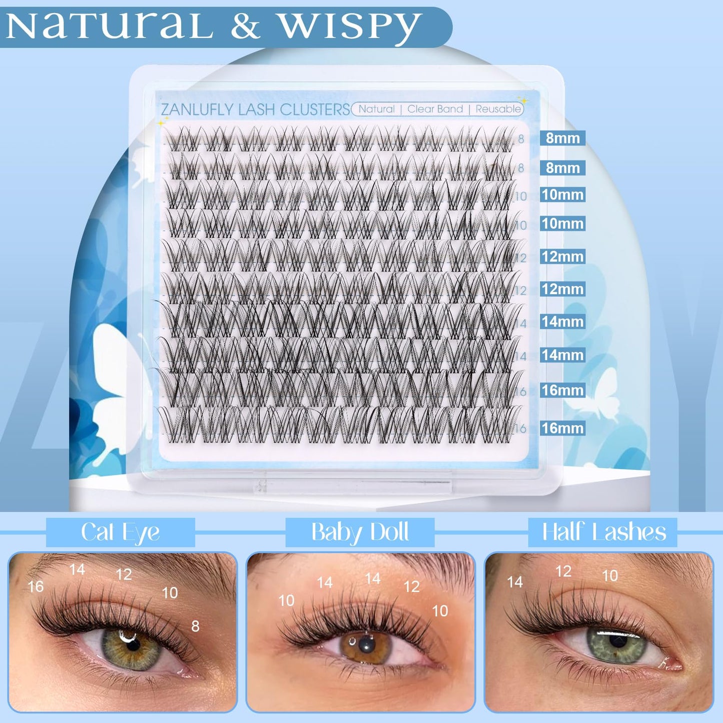 Natural Lash Clusters Kit Invisible Band Eyelash Clusters DIY Lash Extension Kit Wispy Eyelash Extension Kit Clear Band Cluster Lashes with Lash Glue Beauty and Personal Care zanlufly