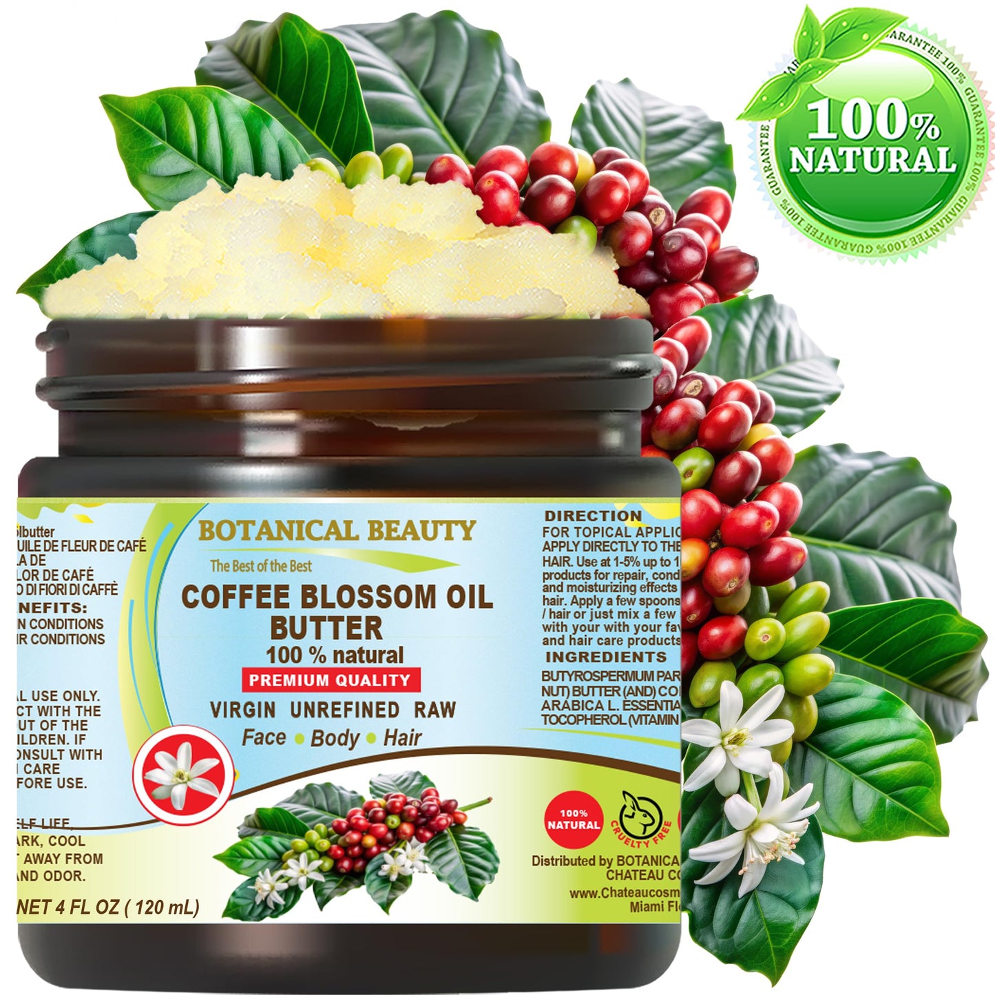 Botanical Beauty COFFEE BLOSSOM OIL BUTTER 100% Natural Coffee Blossom Essential Oil in Shea Nut Butter for FACE, SKIN, BODY, HAIR, NAILS. Beauty Skin