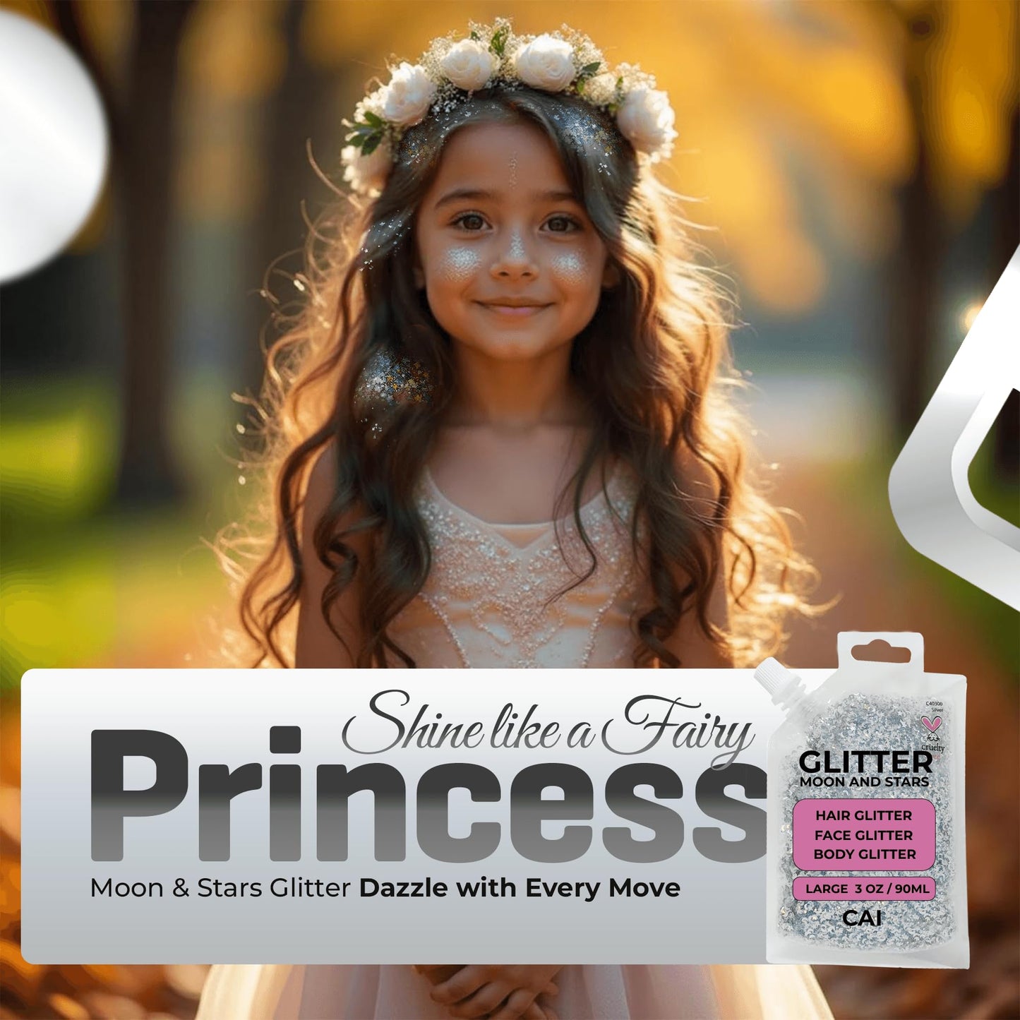Face, Body & Hair Glitter Gel - Halloween Glitter for Kids and Women - 3 Oz Cosmetic-Grade Gel w/Moon & Stars for Festivals & Halloween Party, Easy