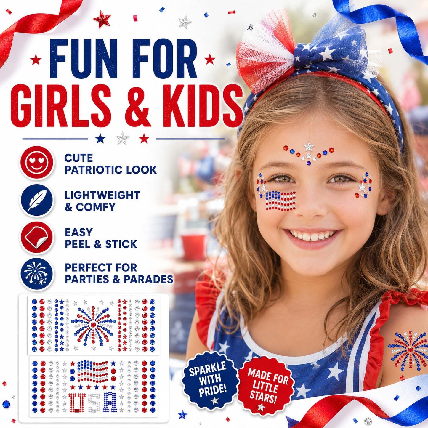 Go Ho 4th of July Face Hair Gems, 2 Sheets Self Adhesive Face Jewels for Women, Red White and Blue Gem Stickers Eye Rhinestones, USA American Flag Beauty and Personal Care Go Ho