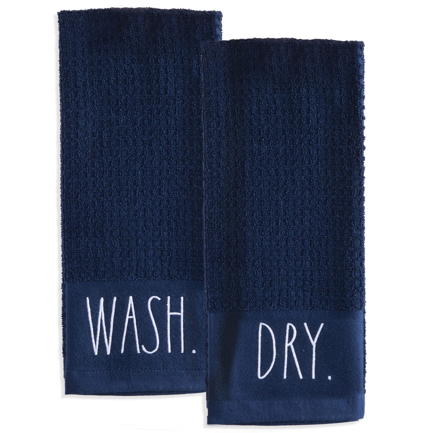 Rae Dunn Set of Hand Towels for Kitchen and Bathroom, 100% Cotton, Embroidered Dish Towels, Decorative Hand Towels, Navy- Wash/Dry, 2 Pack