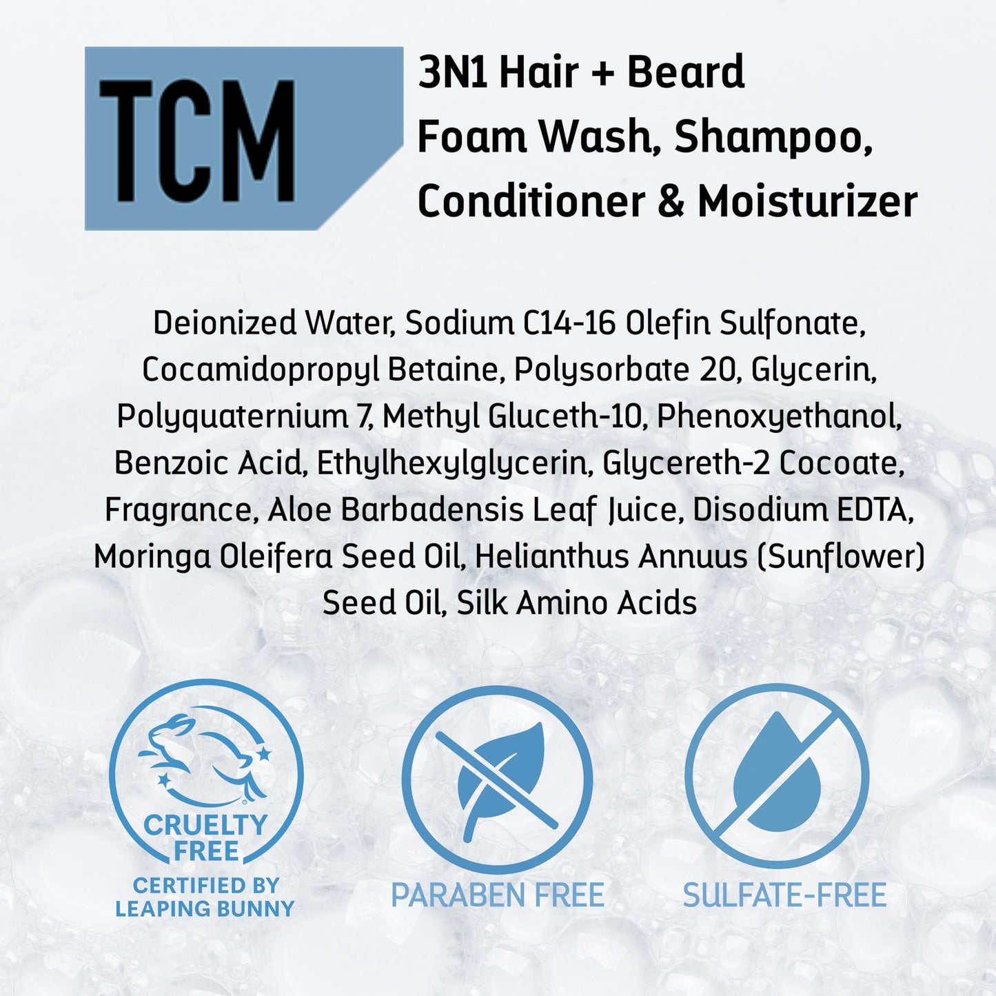 TCM 3N1 Hair + Beard Foam Wash, Shampoo & Conditioner for Softening & Hydrating, No-Rinse Foam Beard Cleanser for Care & Grooming 7.5 oz