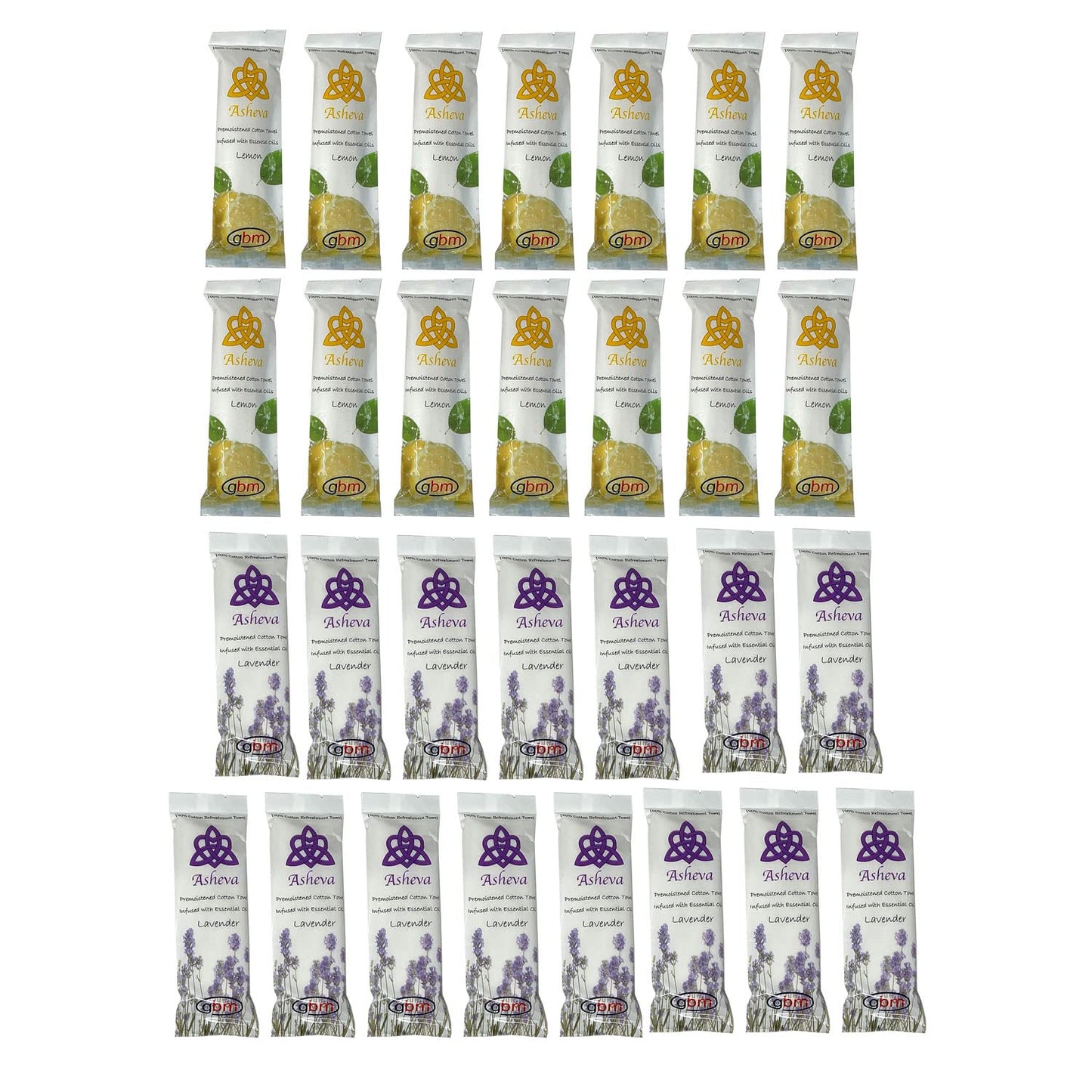 Asheva 8" x 9" Individually Wrapped Oshibori Disposable Towels - Luxurious Moist Cotton Hot/Cold Refreshment Towel - Lavender, Lemon, or Tea Tree