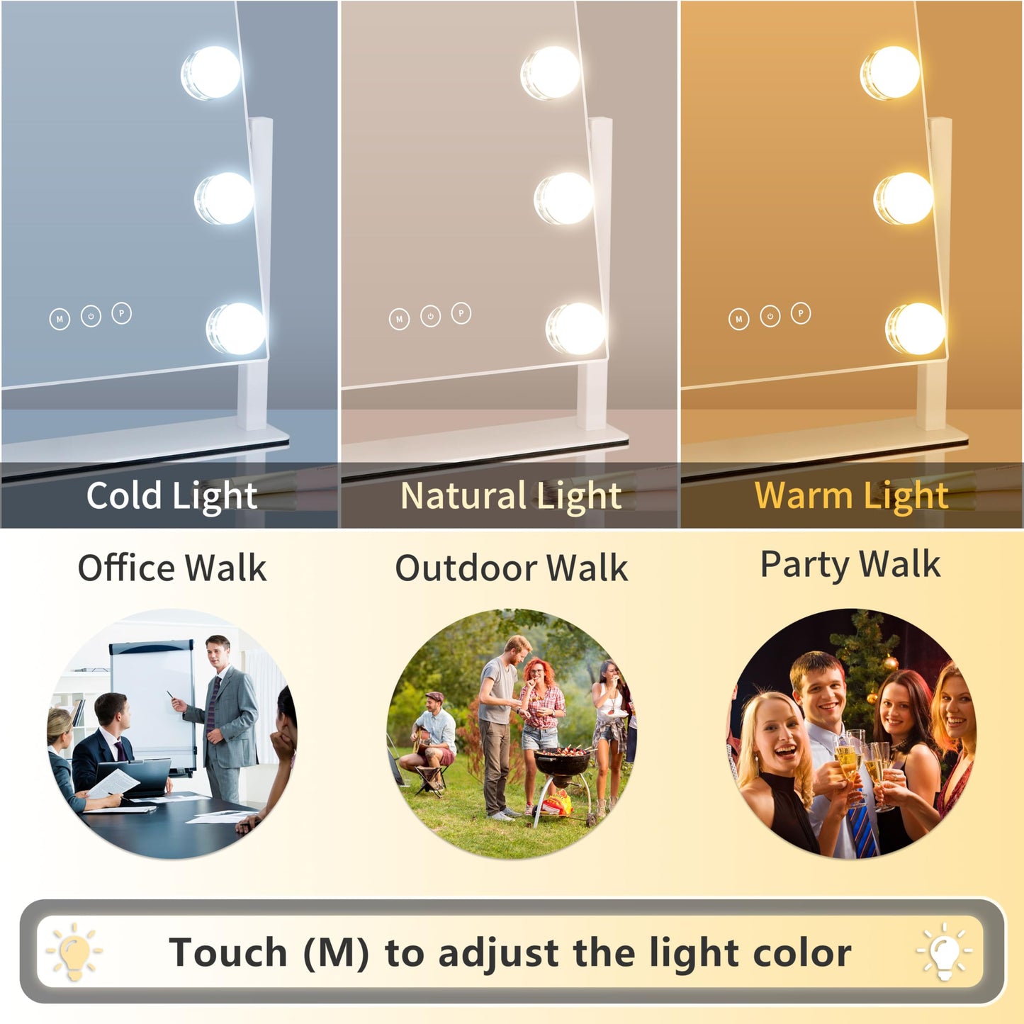 Vanity Mirror with Lights,Lighted Vanity Mirror with 9 Dimmable Bulbs for Dressing Room & Bedroom,3 Color Lighting,Modes Detachable 10x Magnification