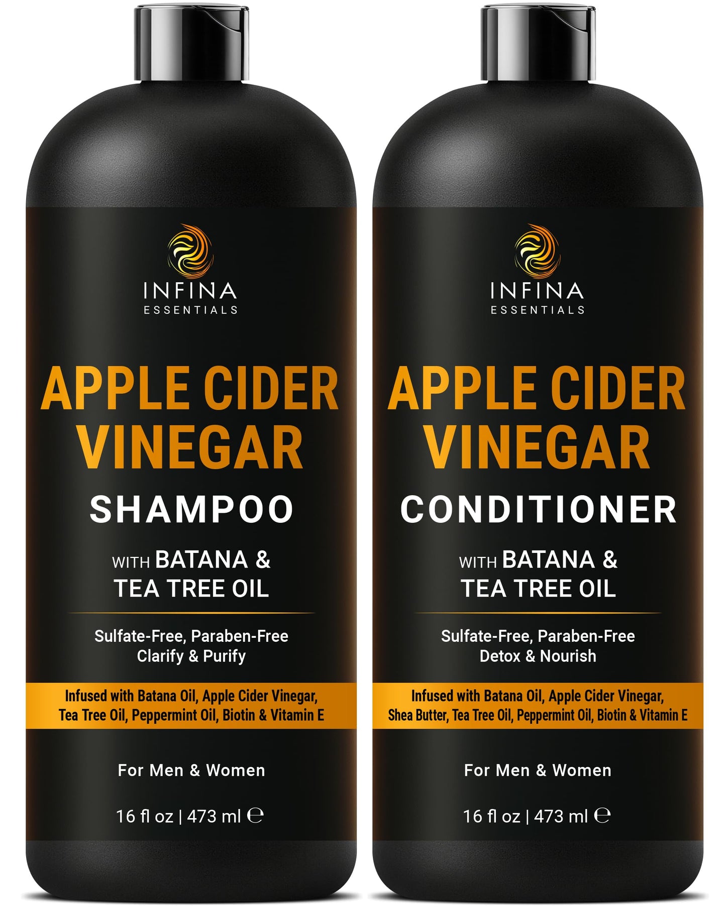 INFINA ESSENTIALS Apple Cider Vinegar Shampoo and Conditioner Set | Clarifying & Detoxifying for Oily Scalp | 16 fl oz Each | with Batana Oil, Biotin