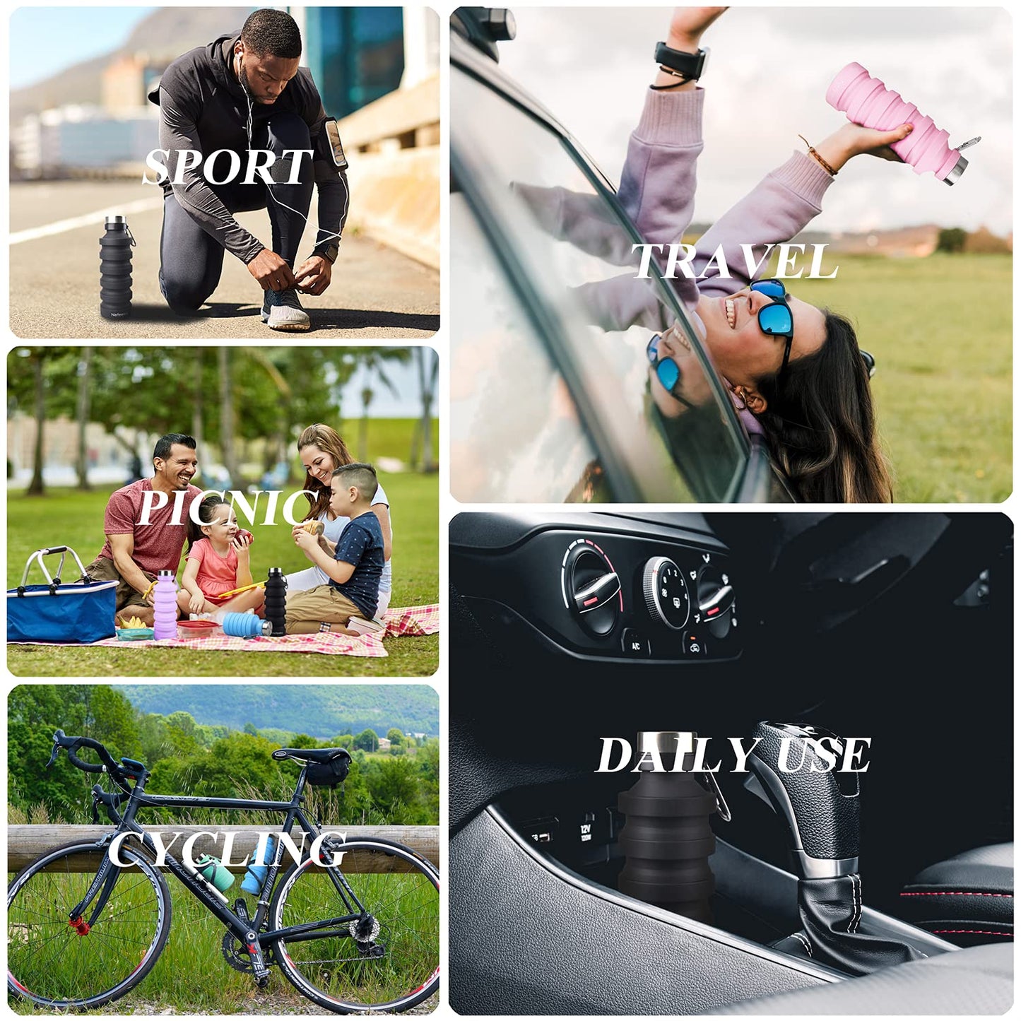 Nefeeko Collapsible Water Bottle, 27oz Reuseable BPA Free Silicone Foldable, Portable Leak Proof Sports Water Bottle with Carabiner for Travel Gym