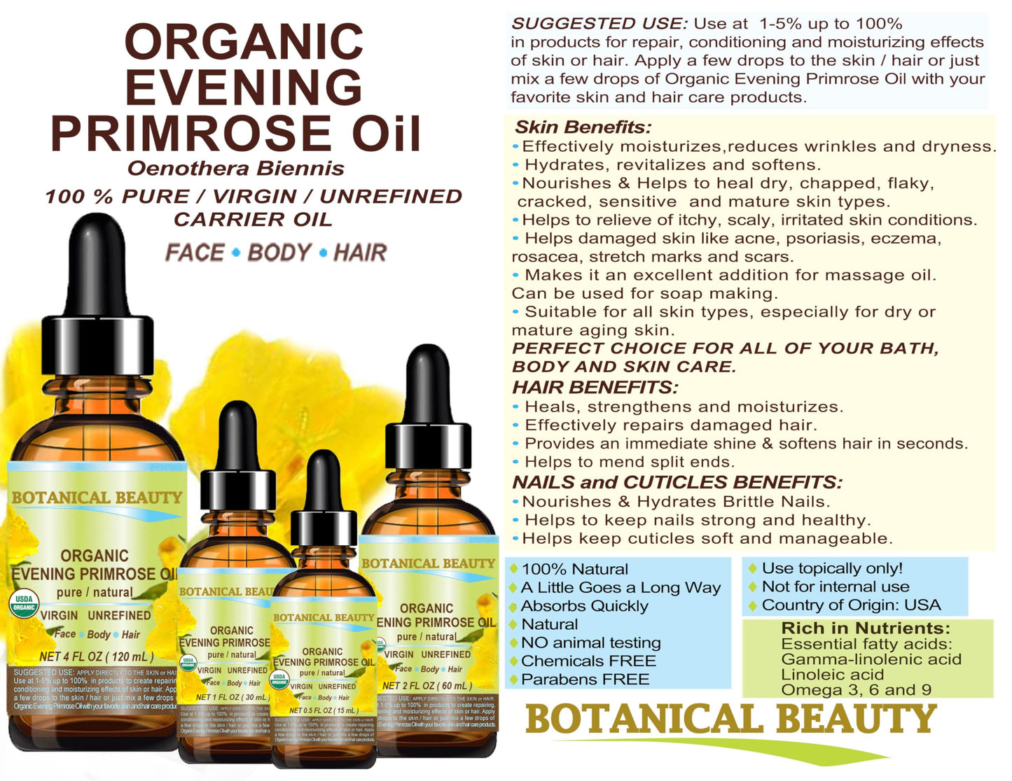 Botanical Beauty Organic EVENING PRIMROSE OIL 100% Pure Natural Undiluted Unrefined Virgin Cold Pressed Carrier Oil. 0.5 Fl.oz.- 15 ml for face, skin