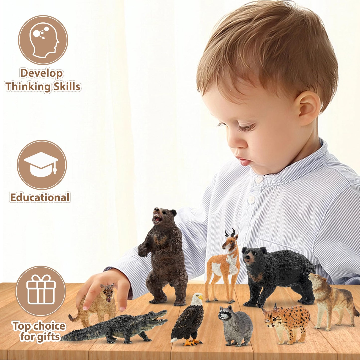 Toymany 12PCS North American Forest Animal Figurines – Realistic Jungle Wildlife Set with Bear, Wolf, Eagle & More, Educational Toys for Kids
