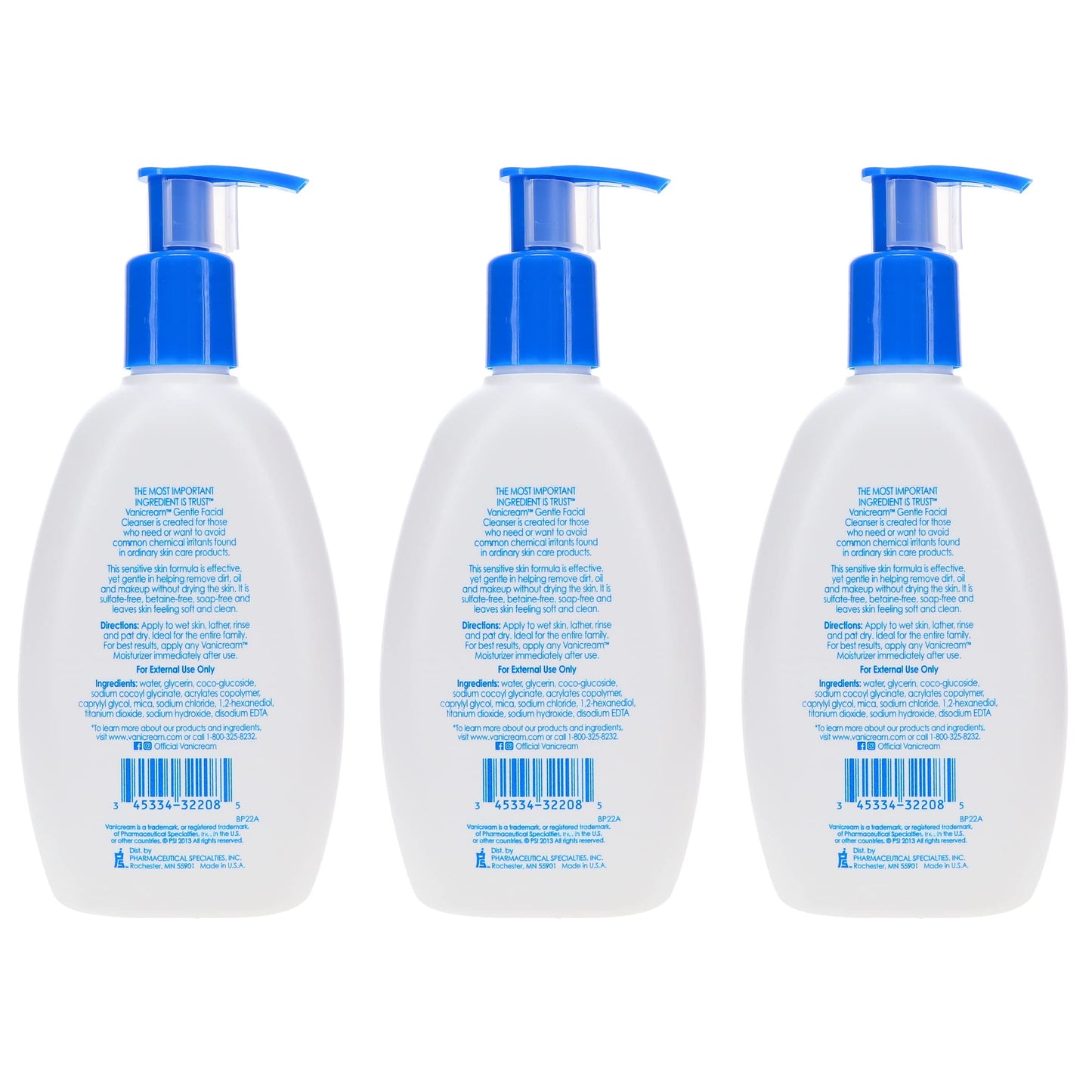 Vanicream Gentle Facial Cleanser for Sensitive Skin, 8 Oz (Pack of 3), Unscented, 24 Fl Oz