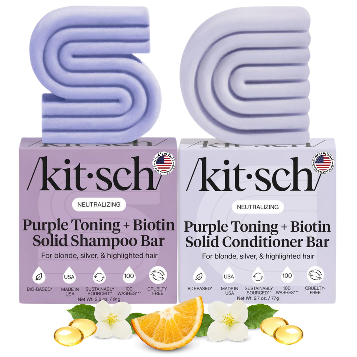 Kitsch Toning Purple Shampoo & Conditioner Bar Set For Blondes & Color Treated Hair - With Biotin for Strengthening & Neutralizing Brassy Tones