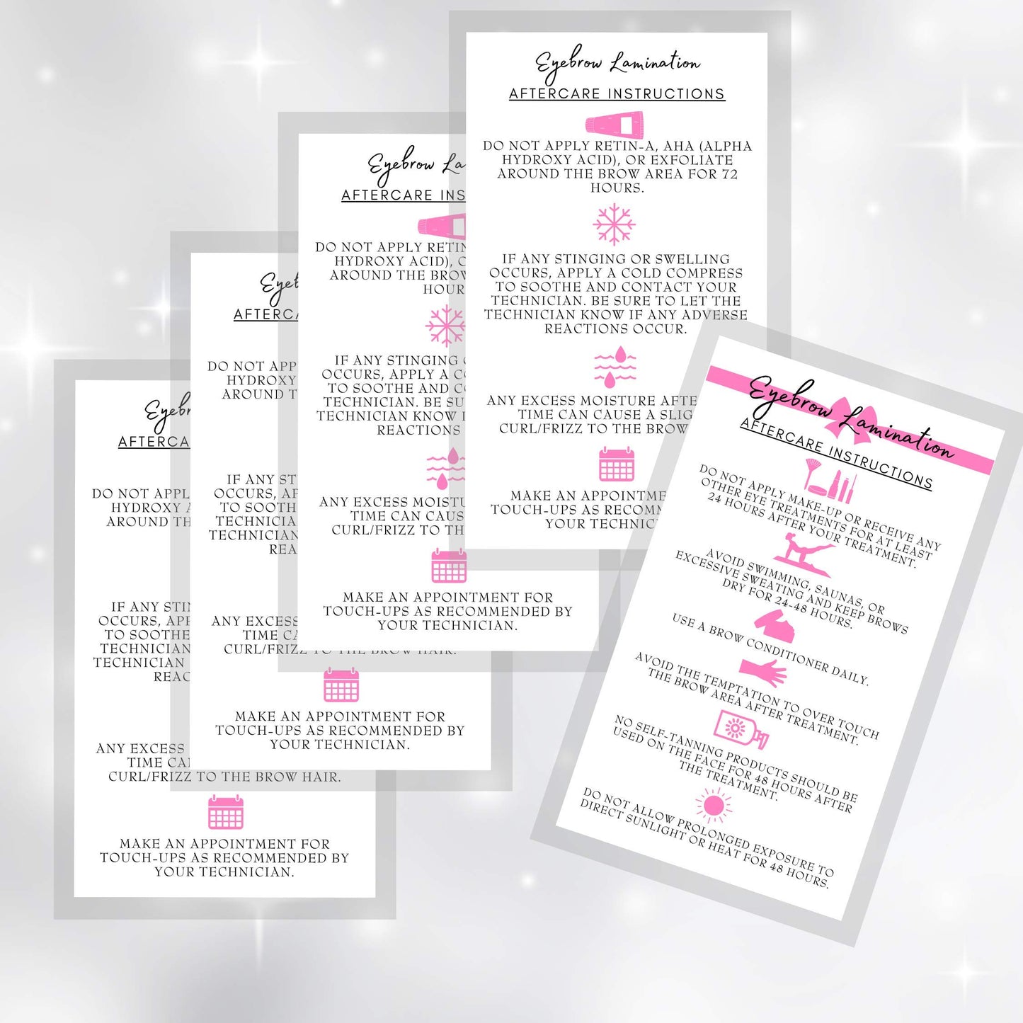 Brow Lamination Aftercare Instruction Cards | 50 Pack | 2x3.5” inches Business Card Size | Starter Lift Kit with Tint at home diy aftercare supplies |