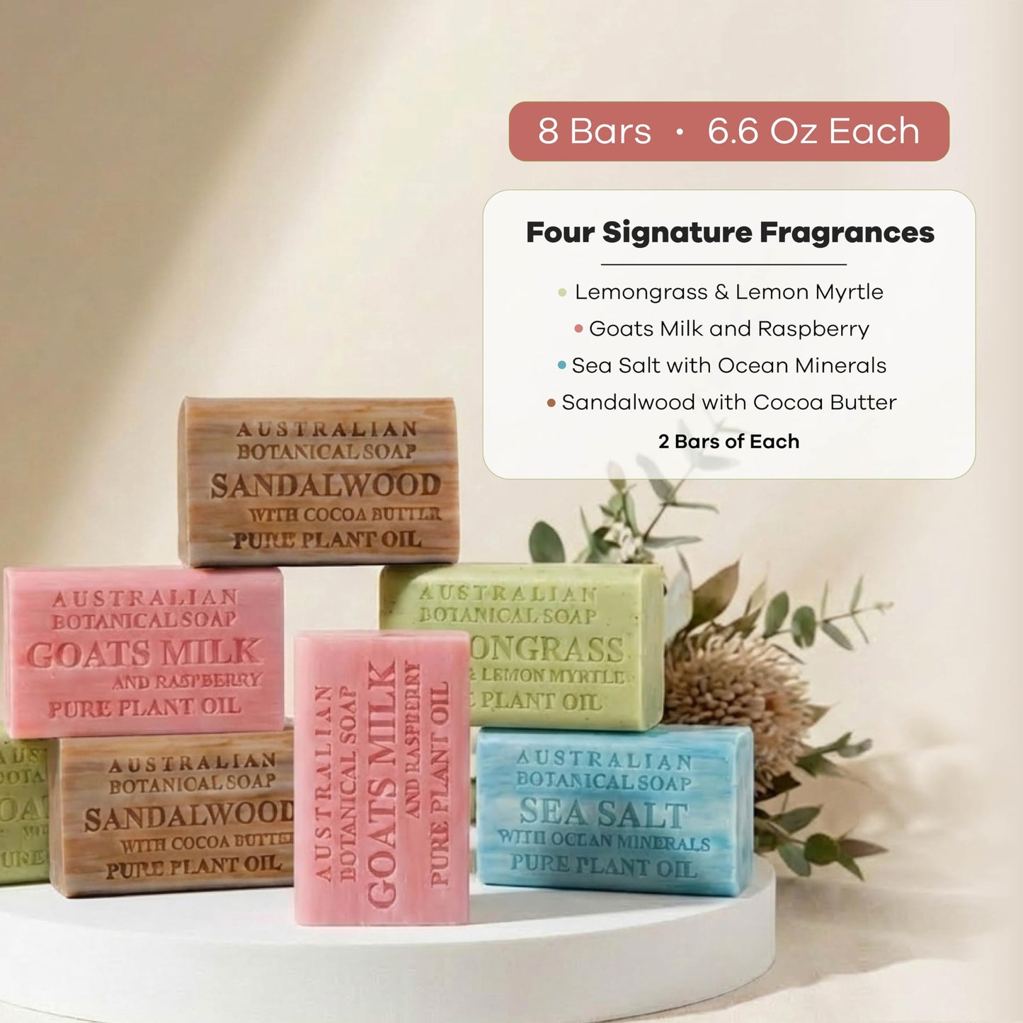 Australian Botanical Soap 8-Pack Variety Bar Soap Set, 6.6 oz Each (8 Bars) - 2 Each: Sandalwood, Sea Salt, Goats Milk Raspberry, Lemongrass & Lemon