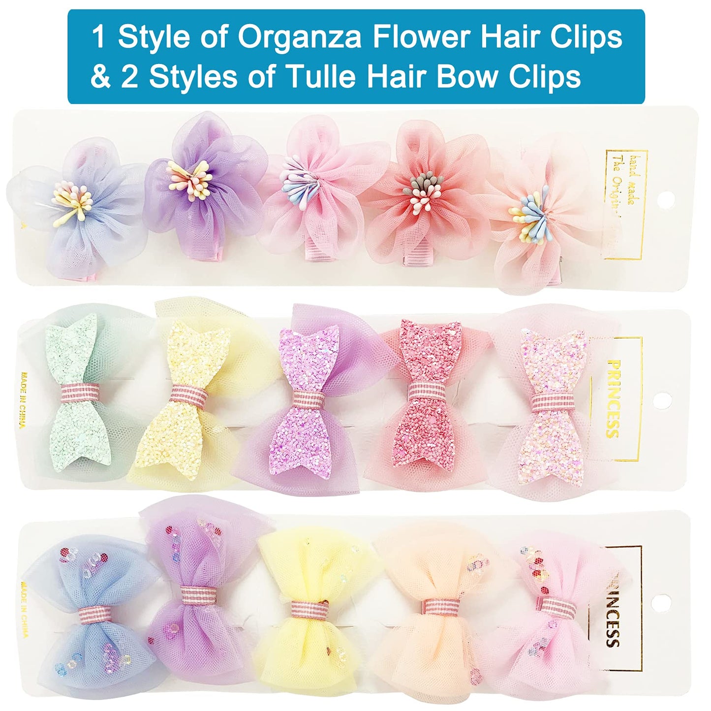 Tulle Glitter Hair Bows for Girls, BETITETO 15 Pieces Cute Handmade Flower Rhinestone Alligator Hair Clips Non-slip for kids Women