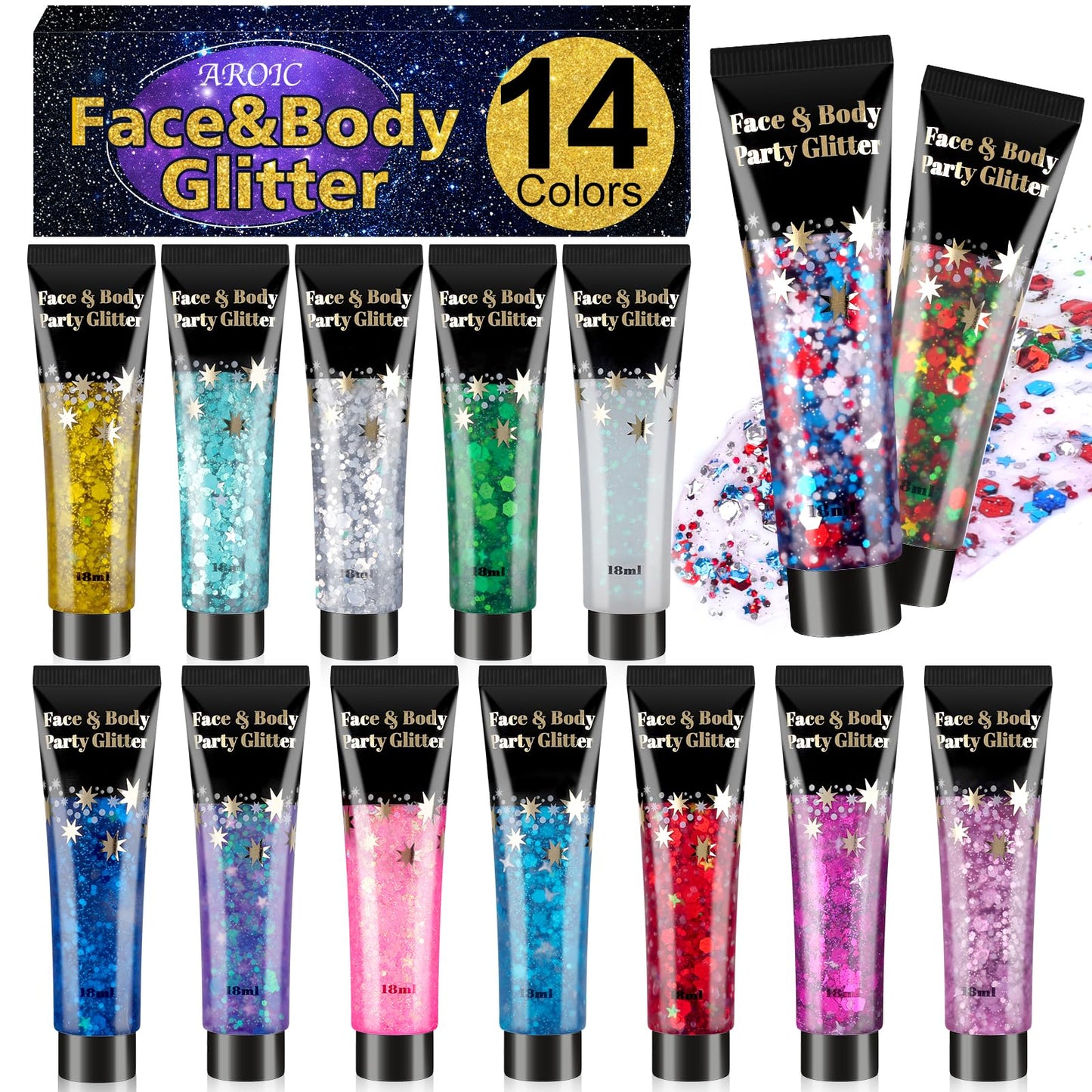 AROIC 14Pcs Face Glitter, 4th of July Outfits Accessories, Body & Hair Glitter Gel Sparkle Makeup Party Rave Outfits, Concerts Festival Face Beauty and Personal Care AROIC Default Title