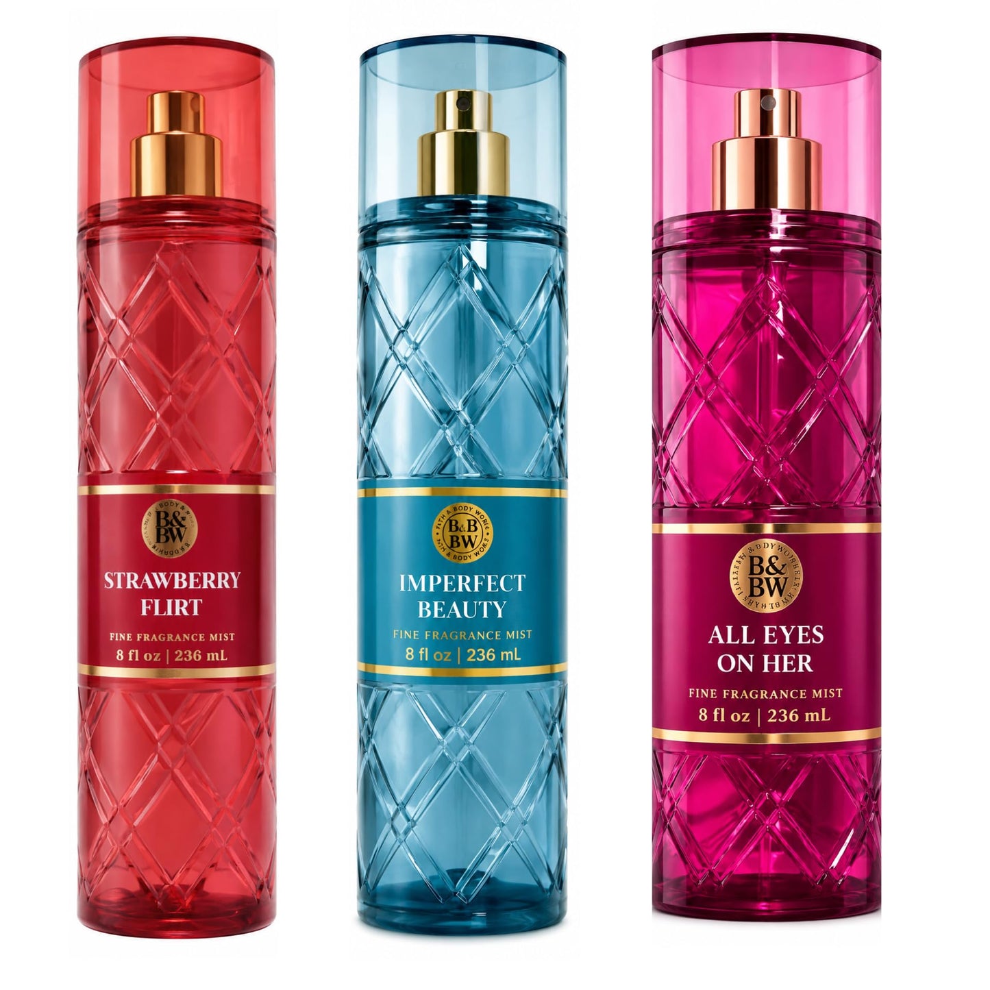 Bath & Body Works Fine Fragrance Mist Trio 3-Pack Imperfect Beauty + All Eyes On Her + Strawberry Flirt 8 oz Each Body Spray Set