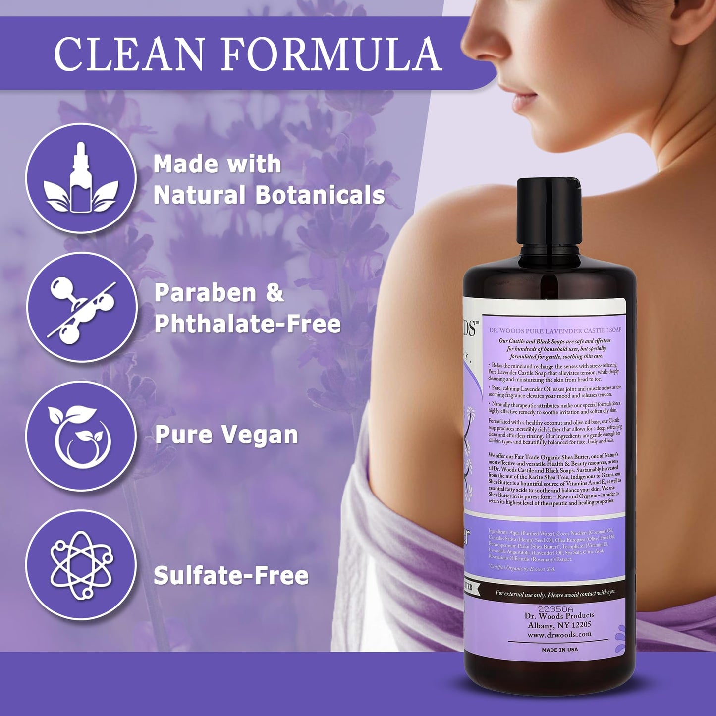Dr. Woods Lavender Liquid Castile Soap - Castile Soap with Pure Lavender Oil, Body Wash for Men and Women, Organic Shea Butter, Natural Cleaner