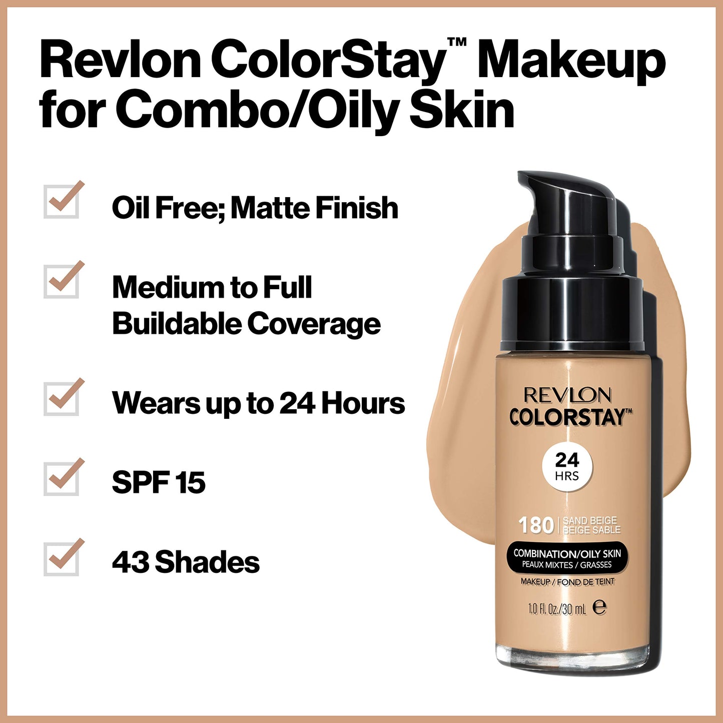 Revlon Liquid Foundation, ColorStay Face Makeup for Combination & Oily Skin, SPF 15, Longwear Longwear Medium-Full Coverage with Matte Finish, Natural