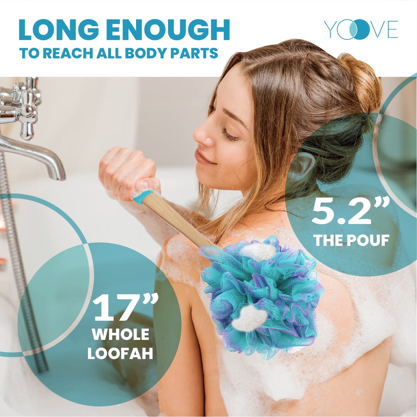 Yoove Bath Pouf with Handle - Body Scrubber Green Loofah for Women - Charcoal Infused Shower Loofah Sponge with Handle - Back Scrubber - Back Shower