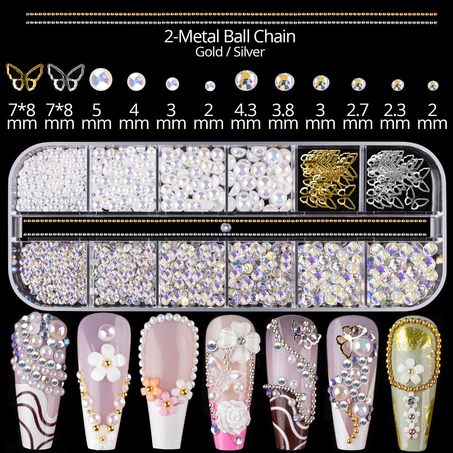 Mixed 3D Nail Art Gem Decoration Accessories Kit #1, Aurora Bear Bow Butterfly Starry AB Rhinestone Charm Jewelry for Deco, Pearl Flower Caviar Bead