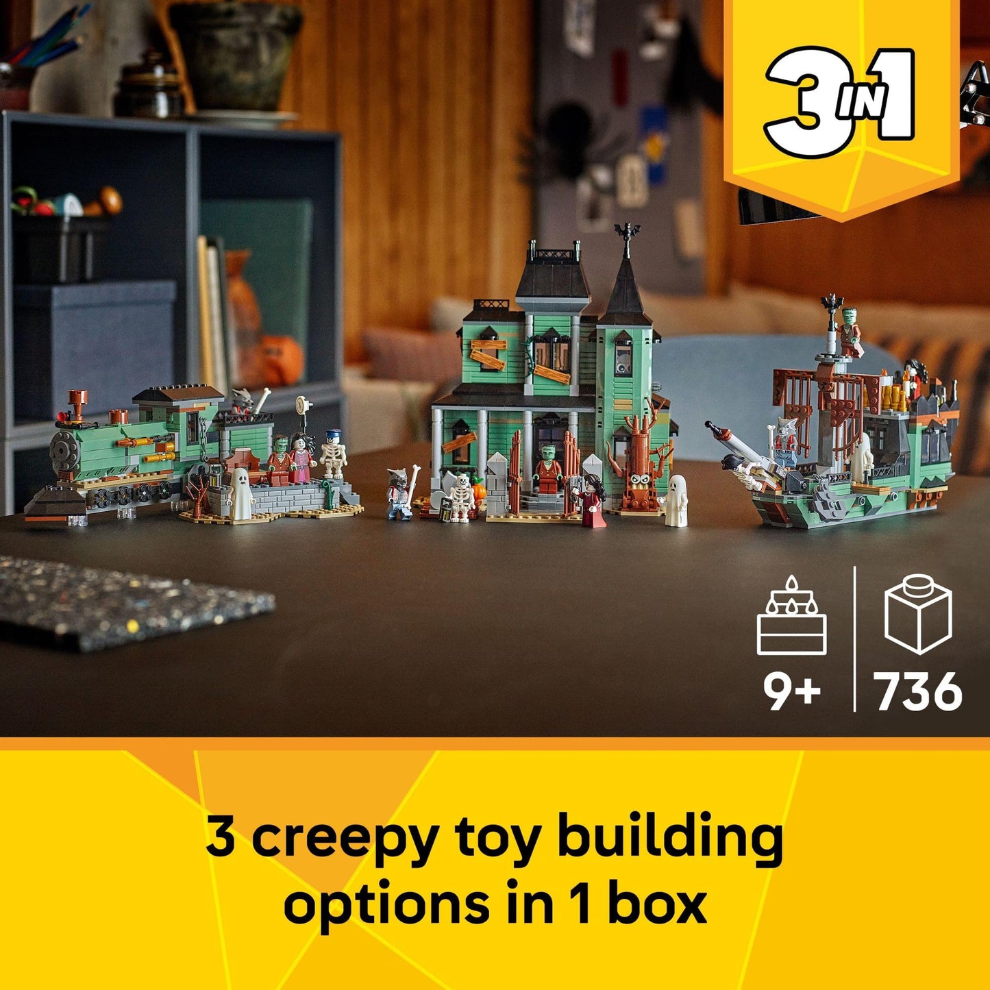 LEGO Creator 3 in 1 Haunted Mansion 31167, Buildable Haunted House, Train or Ship, Halloween Building Toy for Kids Ages 9+, Gift Idea