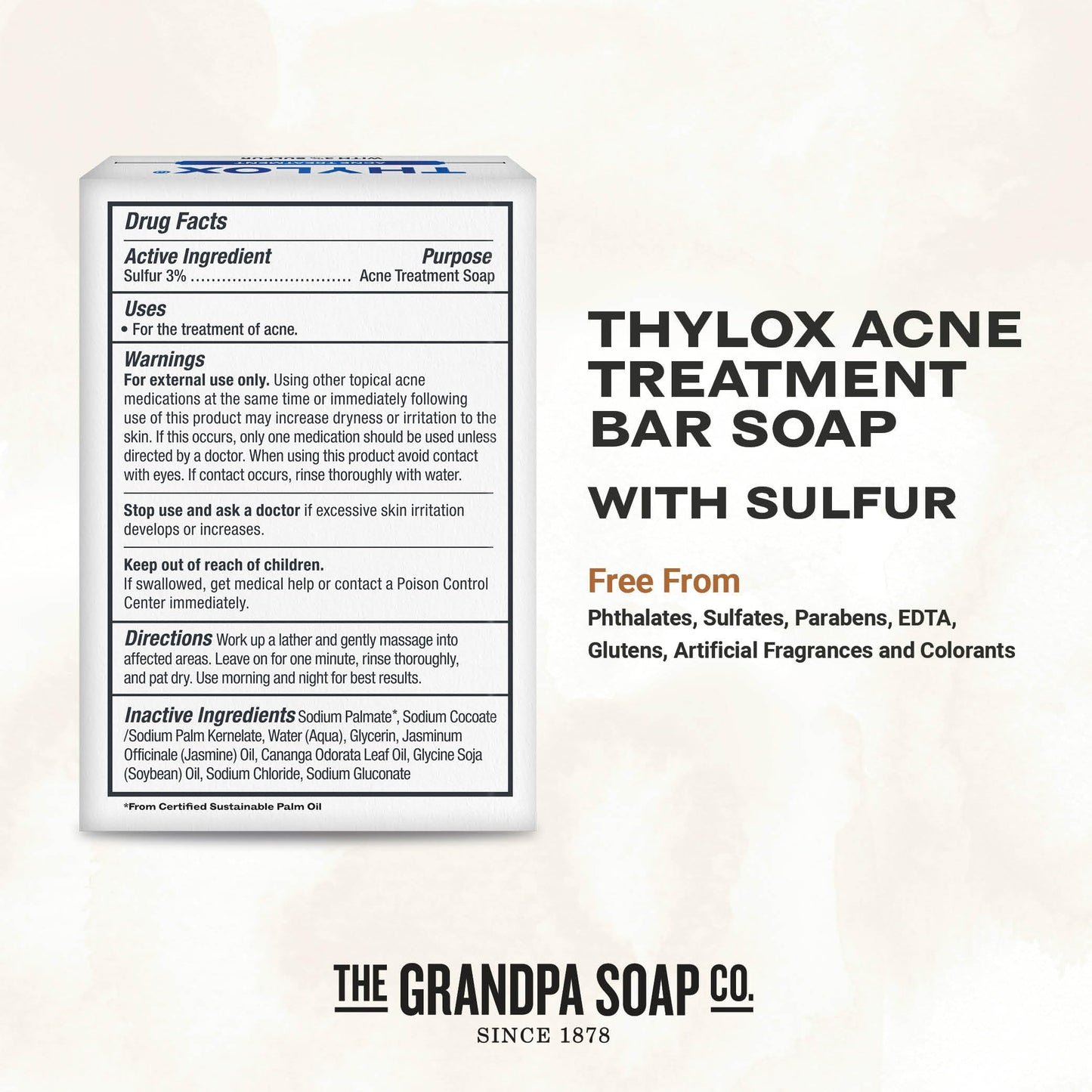 The Grandpa Soap Co. Thylox Acne Treatment Bar Soap - With 3% Natural Sulfur - Prevents and Eliminates breakouts - For Acne Prone Skin - Safe