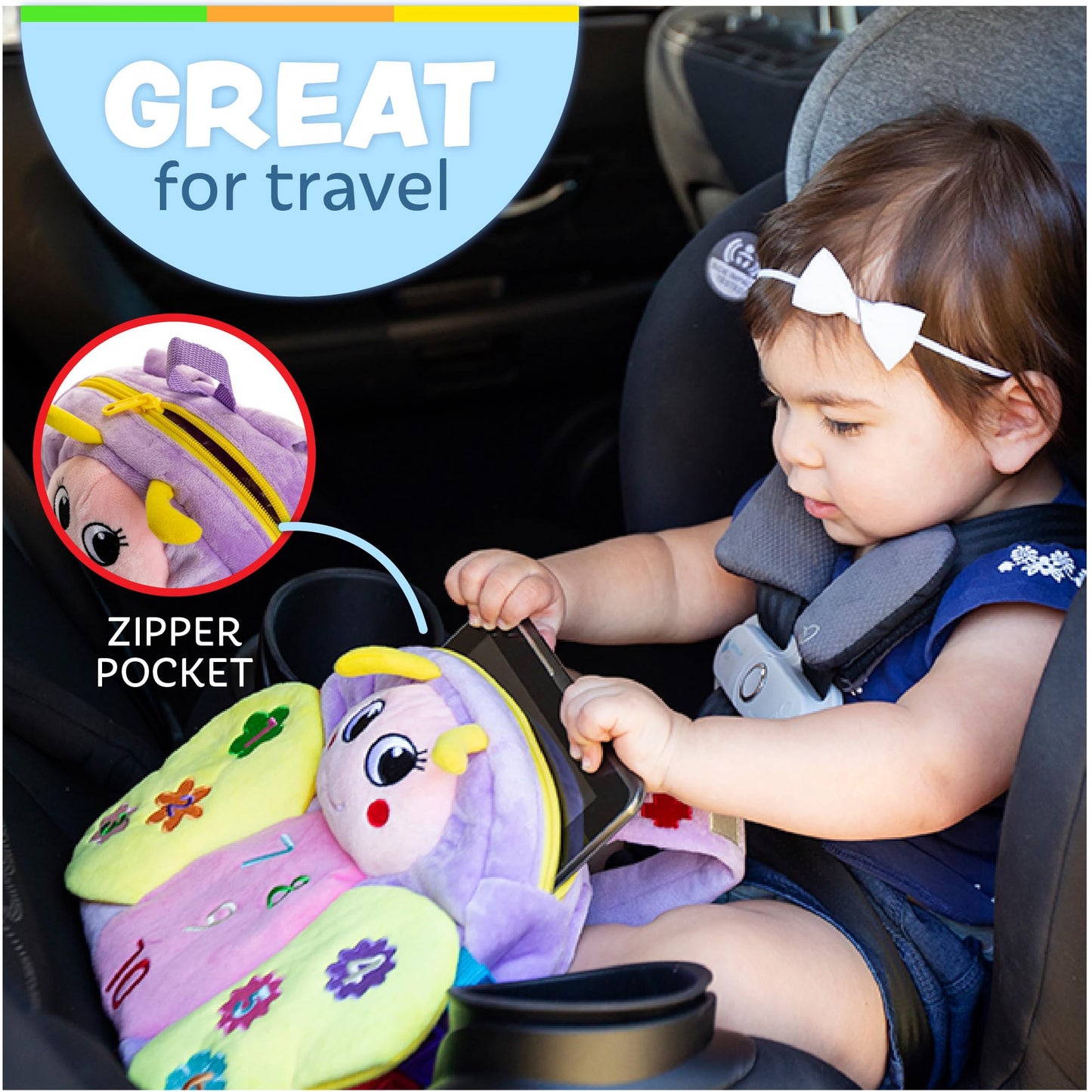 Buckle Toys - Blossom Butterfly Activity Backpack - Educational Learning Toy - Must Have for Long Car Trips - Zippered Pouch for Storage - Great Gift for Toddlers, Girls and Kids