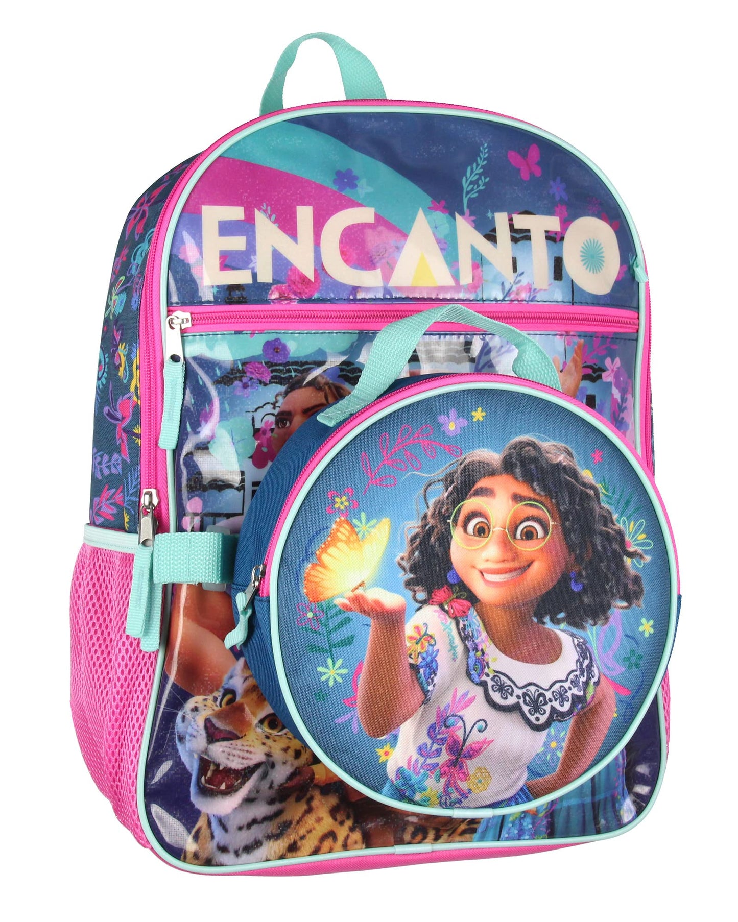 Bioworld Disney Encanto 5 Pc Backpack Set Lunch Box Pencil Case Keychain and Carabiner