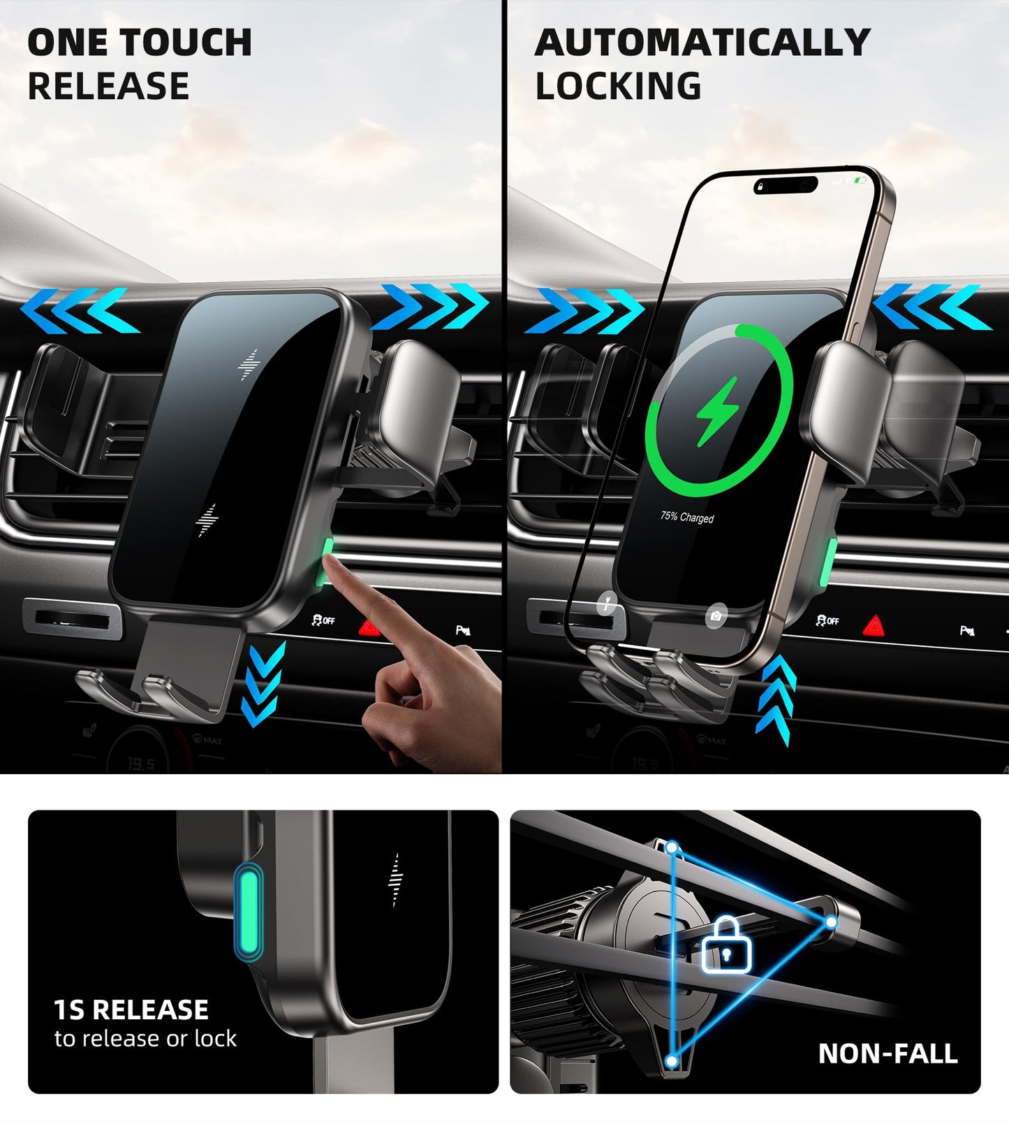 Dual Coil 15W Cup Phone Holder Mount,Wireless Car Charger Auto-Clamping Fast Charging Vent Phone Holders for Your Car for iPhone 17/16/15,Samsung…