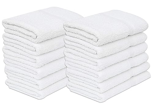 GOLD TEXTILES 12 White Economy Bath Towels Bulk (24x48 Inch) Cotton Blend for Softness-Commercial Grade Easy Care