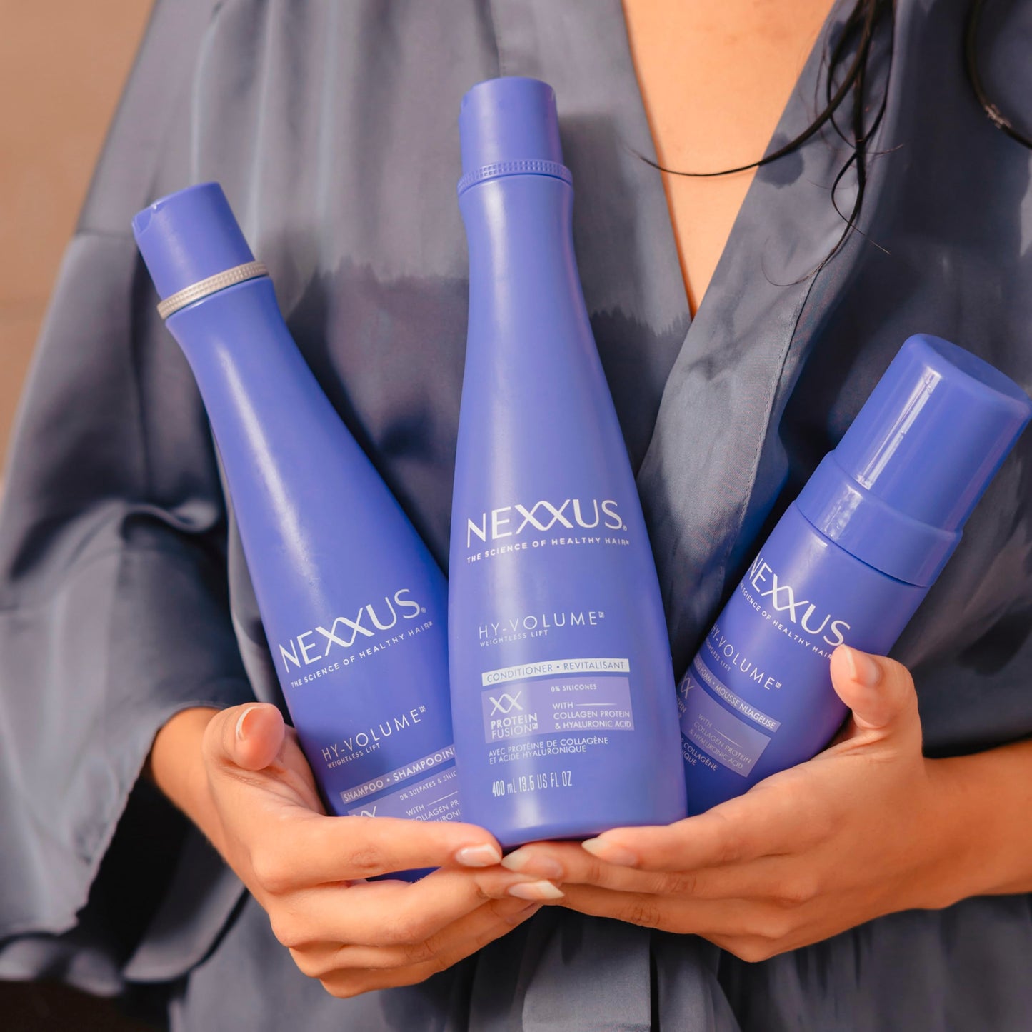 Nexxus HY-VOLUME Weightless Lift Shampoo, Conditioner & Foam 3 Pack PROTEIN FUSION with Collagen Protein & Hyaluronic Acid For Flat & Limp Hair for 48