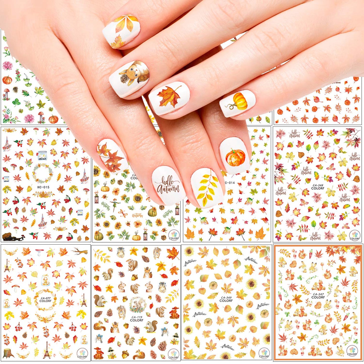 Adurself 1000+ Patterns Autumn Nail Art Decals Fall 3D Nail Self-Adhesive Stickers Harvest Pumpkin Maple Leaves Sunflower Squirrel for Women Girls