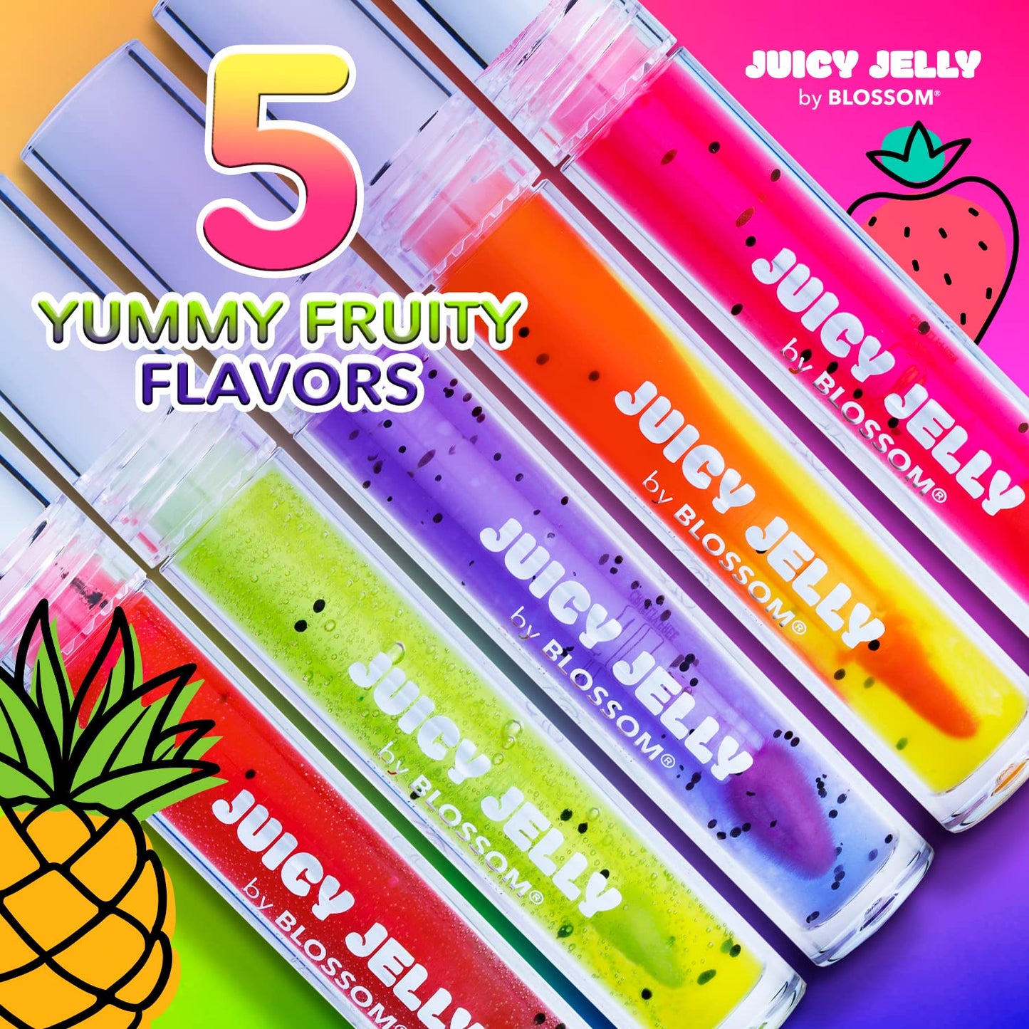 Blossom Lip Gloss Juicy Jelly Moisturizing Fruit Flavored Nourishing High Shine Lip Oil with Doe Foot Wand Applicator, 0.09oz, Watermelon