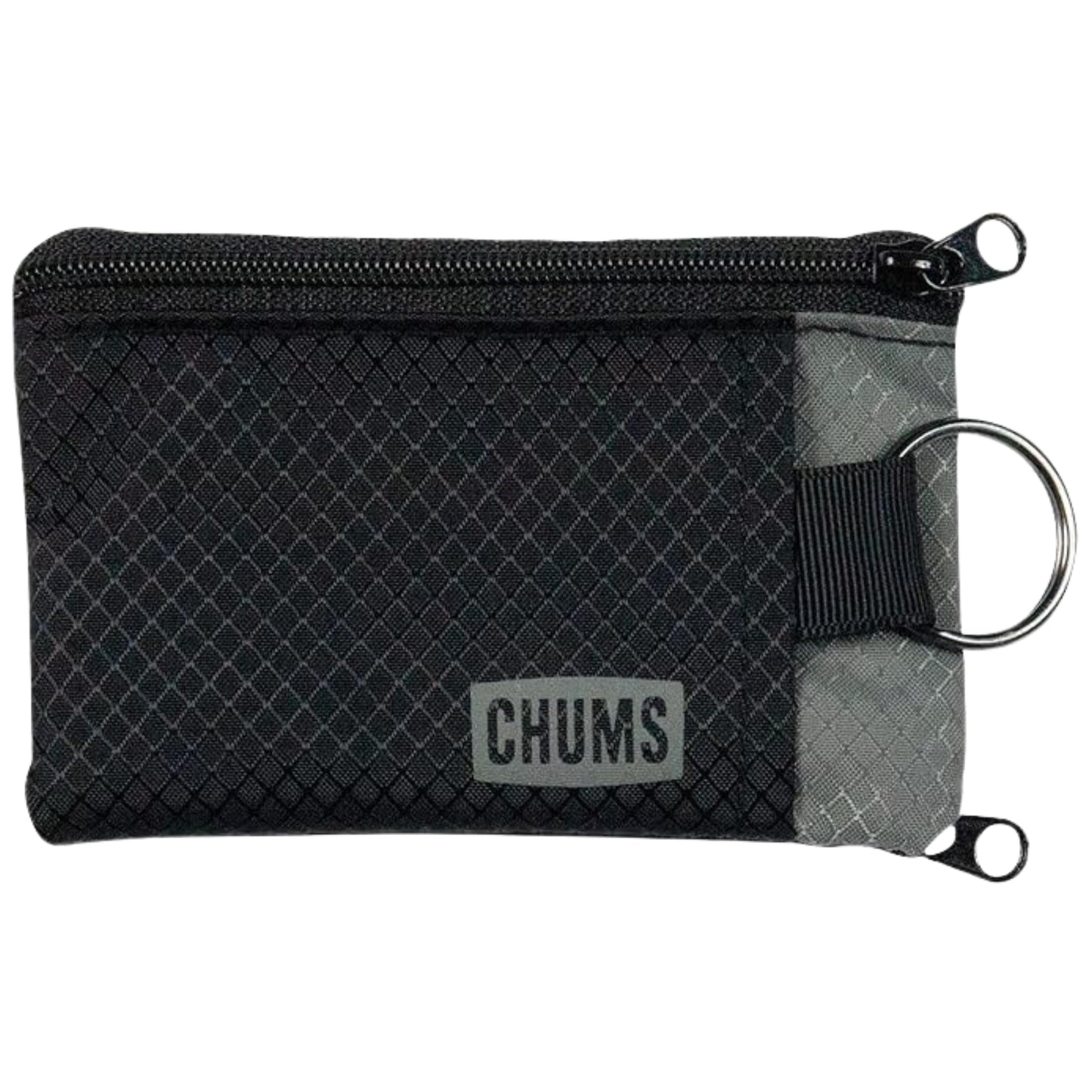 Chums Surfshorts Wallet - Lightweight Slim Wallet with RFID Blocking Card & Clear ID Window - Zippered, Minimalist Wallet w/Key Ring (Black/Gray)