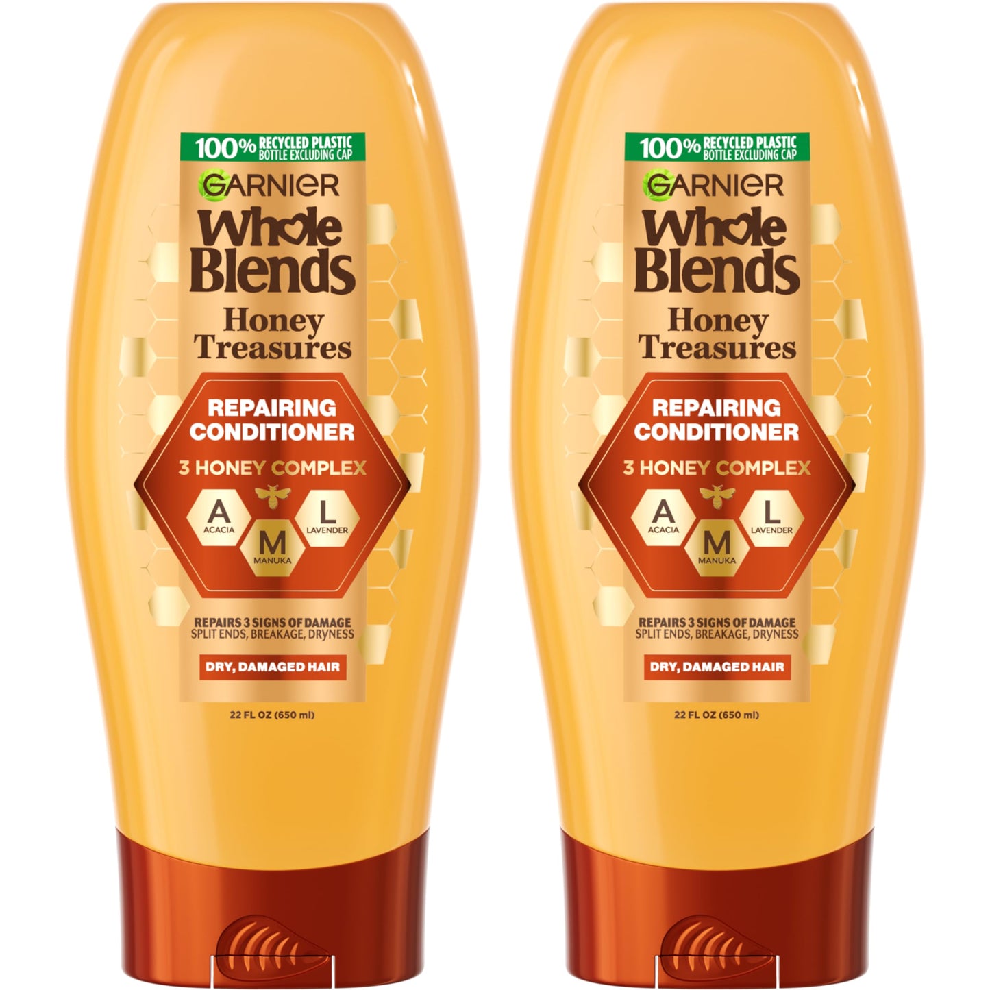 Garnier Whole Blends Honey Treasures Repairing Conditioner, for Dry, Damaged Hair, 22 Fl Oz, 2 Count (Packaging May Vary)