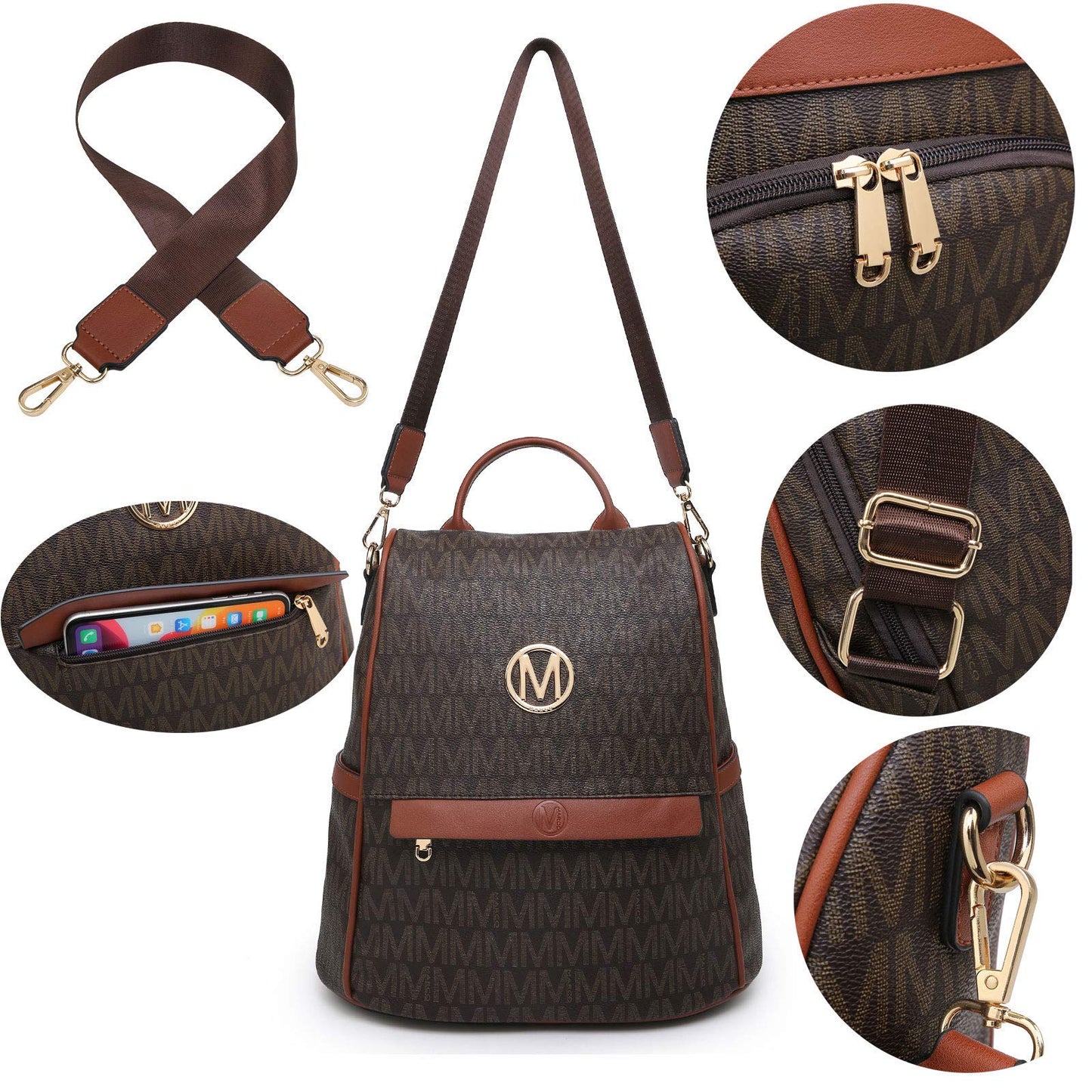 MKP Women Fashion Backpack Purse Multi Pockets Signature Anti-Theft Rucksack