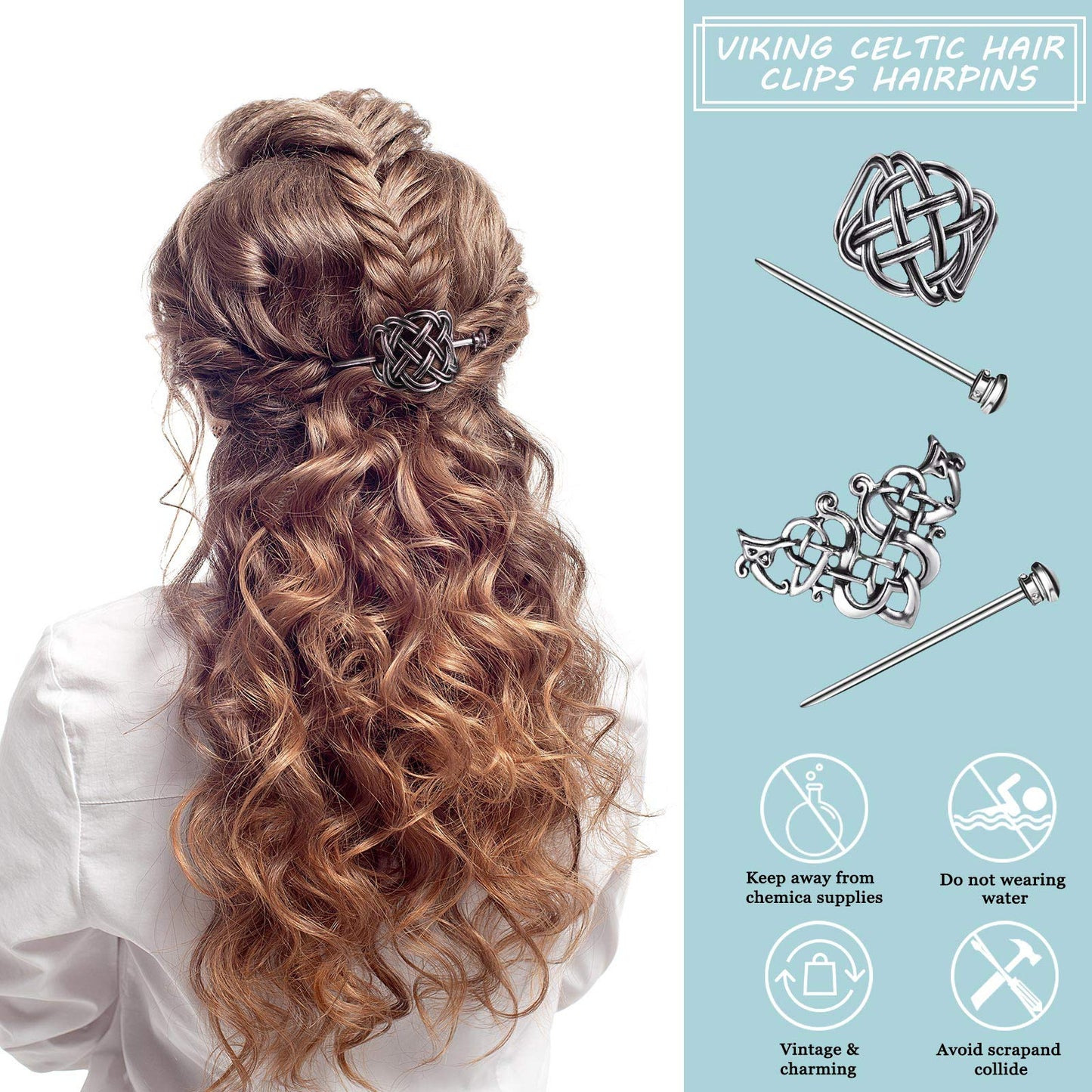 WILLBOND 2 Pieces Viking Celtic Hair Clips Hairpins Viking Silver Hairs Stick Celtic Knot Jewelry Hair Clips for Ladies or Women