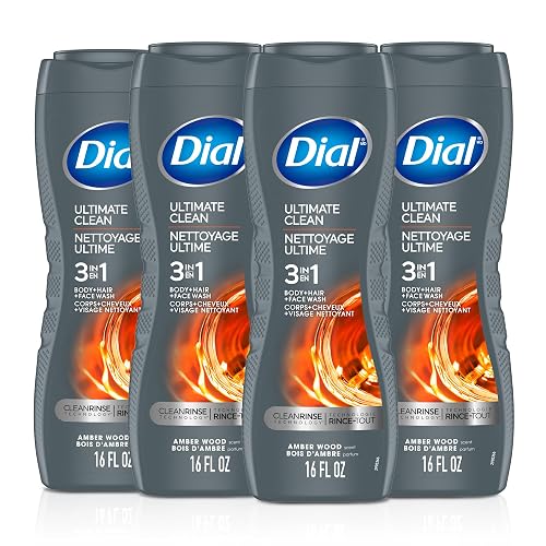 Dial Men 3 in 1 Body, Hair and Face Wash, Ultimate Clean, 16 Fl Oz, Pack of 4, Amber Woods Scent, Cleanses Deep + Gentle on Skin with Clean Rinse Beauty & Personal Care Dial