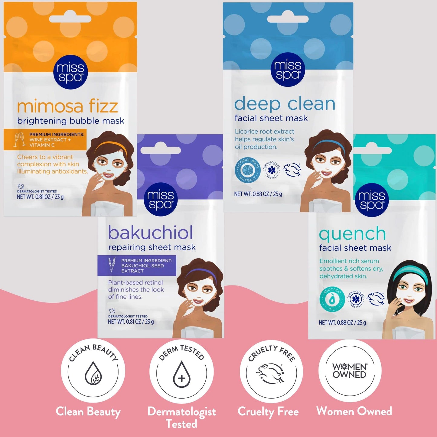 MISS SPA Face Mask Skin Care Set for Women, Deep Clean Face Mask, Quench, Mimosa fizz, Bakuchiol Facial Sheet Mask, Anti-Aging, Anti-Wrinkle