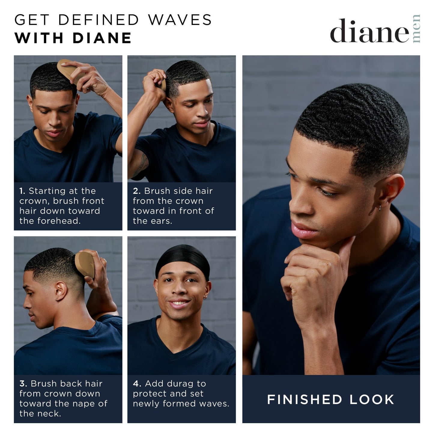 Diane Reinforced Boar Bristle Military Wave Brush for Men and Barbers - Hard Bristles for Thick to Coarse Hair - Use for Detangling, Smoothing, Wave