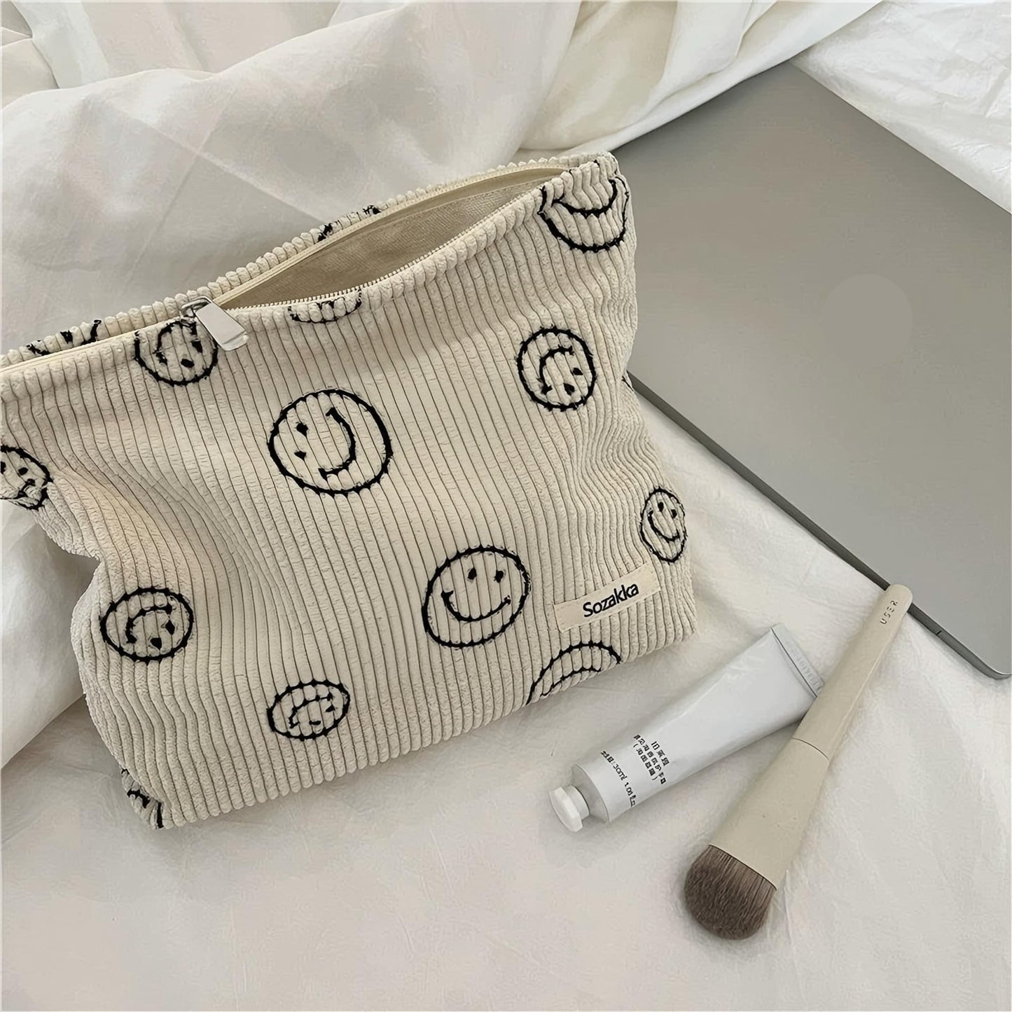 Corduroy Cosmetic Bag for Women – Aesthetic Makeup Organizer Pouch, Smile Dots Travel Storage Bag, Cute Handbag & Purse (Beige)