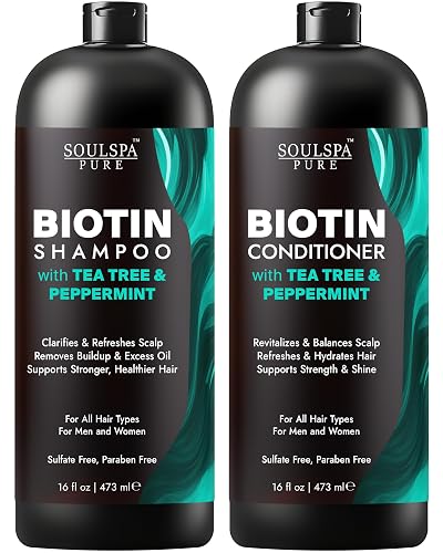 SOULSPA PURE Biotin Peppermint & Tea Tree Shampoo and Conditioner Set - Sulfate Free Scalp Care for Thinning & Color-Treated Hair - Clarifying Formula