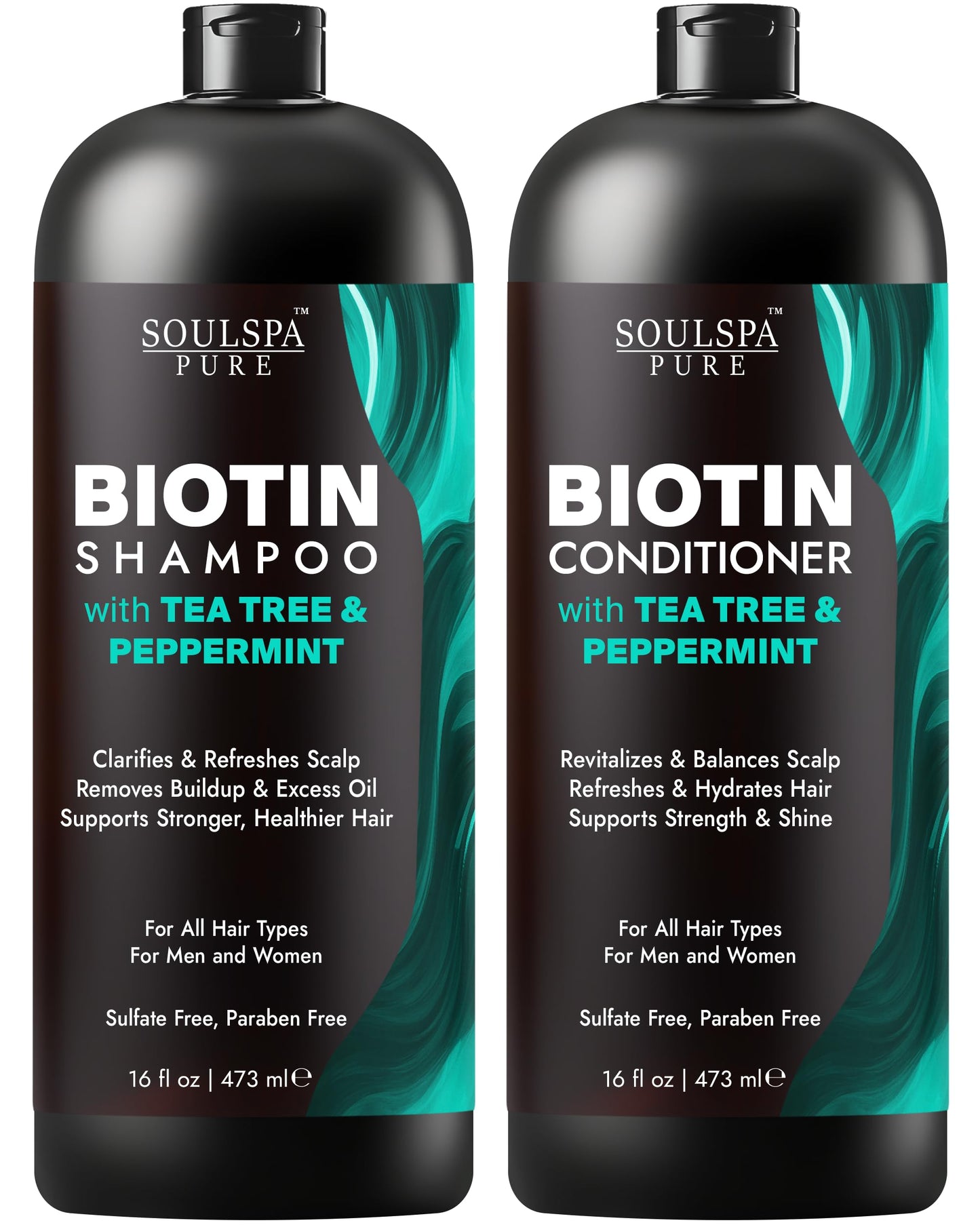 SOULSPA PURE Biotin Peppermint & Tea Tree Shampoo and Conditioner Set - Sulfate Free Scalp Care for Thinning & Color-Treated Hair - Clarifying Formula
