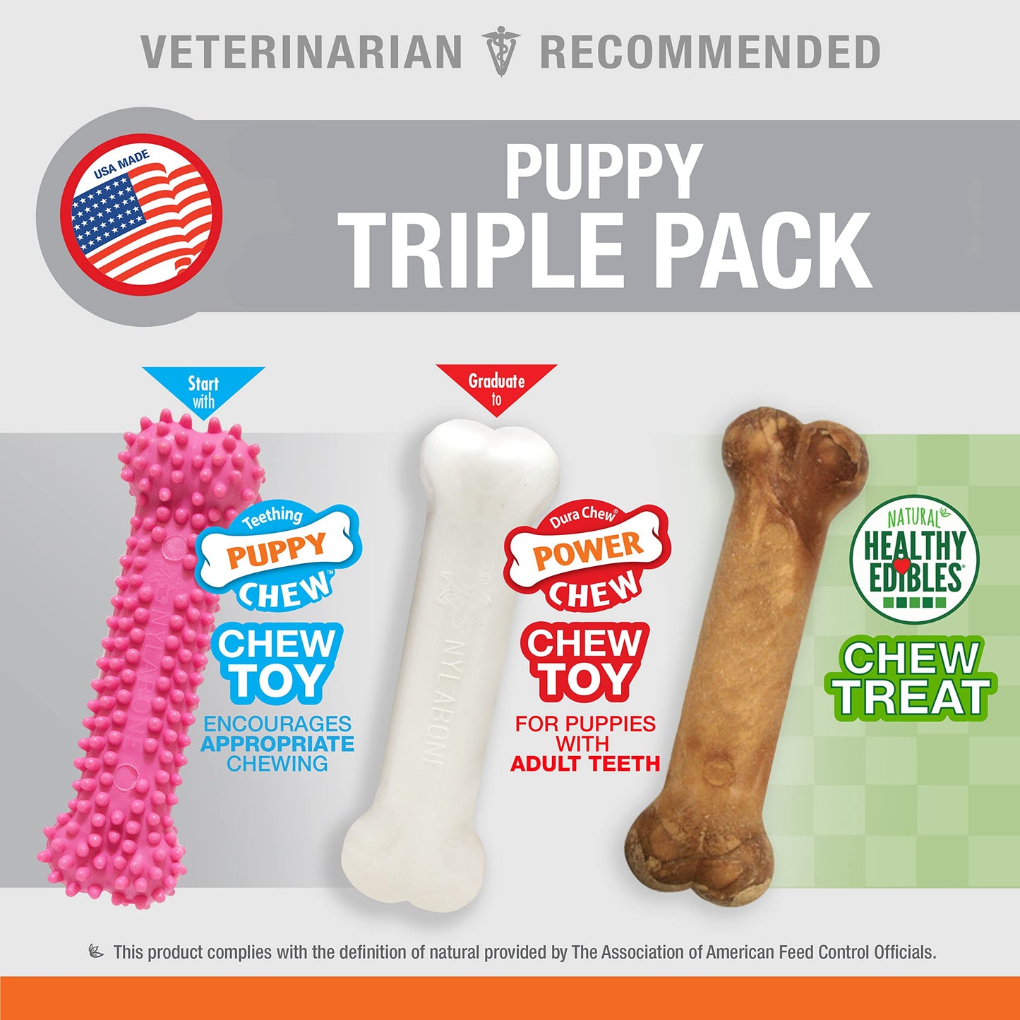 Nylabone Puppy Chew Toys & Natural Treats Triple Pack – Pink, Chicken & Bacon Flavor – Small Dogs up to 25 lbs – 3 Pack