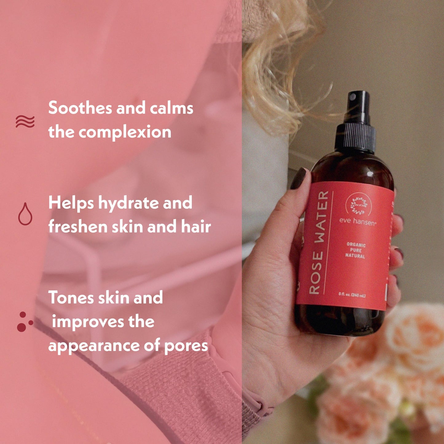 Eve Hansen Organic Rose Water Spray for Face | Huge 8 oz Moroccan Rosewater Face Toner and Makeup Setting Spray | Soothing Neck and Face Mist