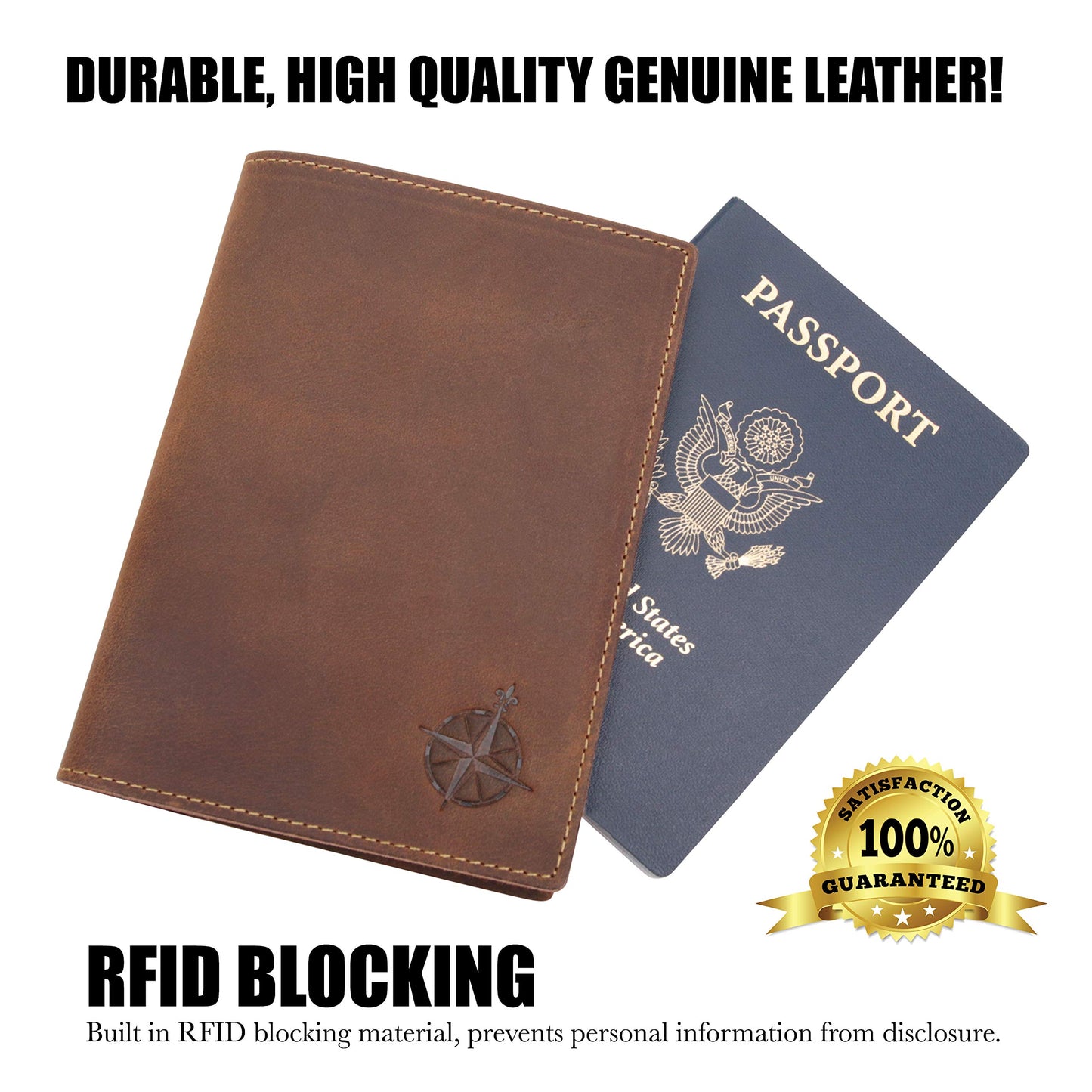 WANDERINGS Leather Travel Wallet – RFID Blocking Passport Holder Case for Men & Women, Genuine Leather Folding Passport Wallet 5.5'' x 4''