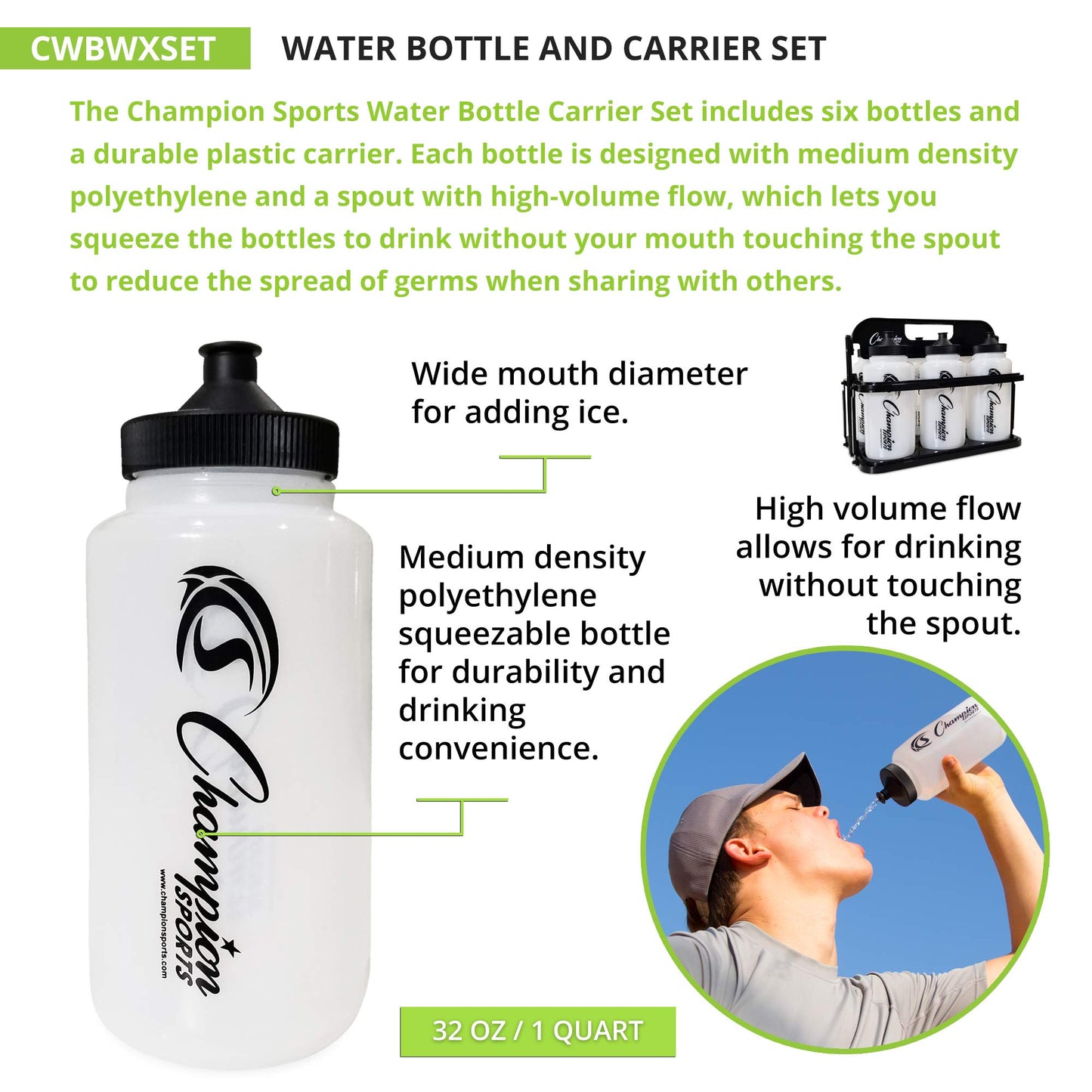 Champion Sports Plastic Water Bottle Set, Quart, Black