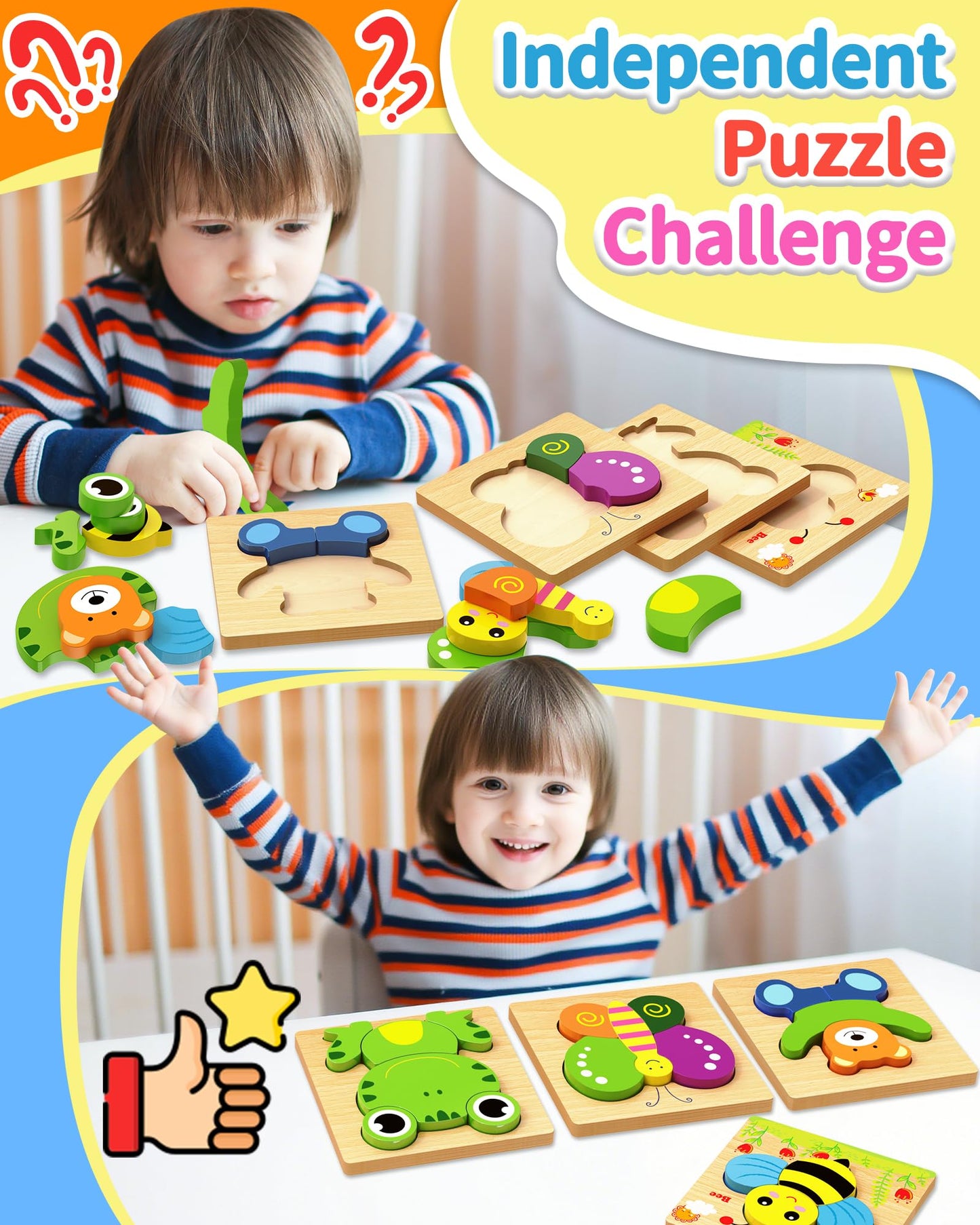 Bekayshad Wooden Animal Puzzles for Toddlers, Montessori Educational Toys for Boys & Girls Ages 1-3, Birthday & Christmas Gift Set