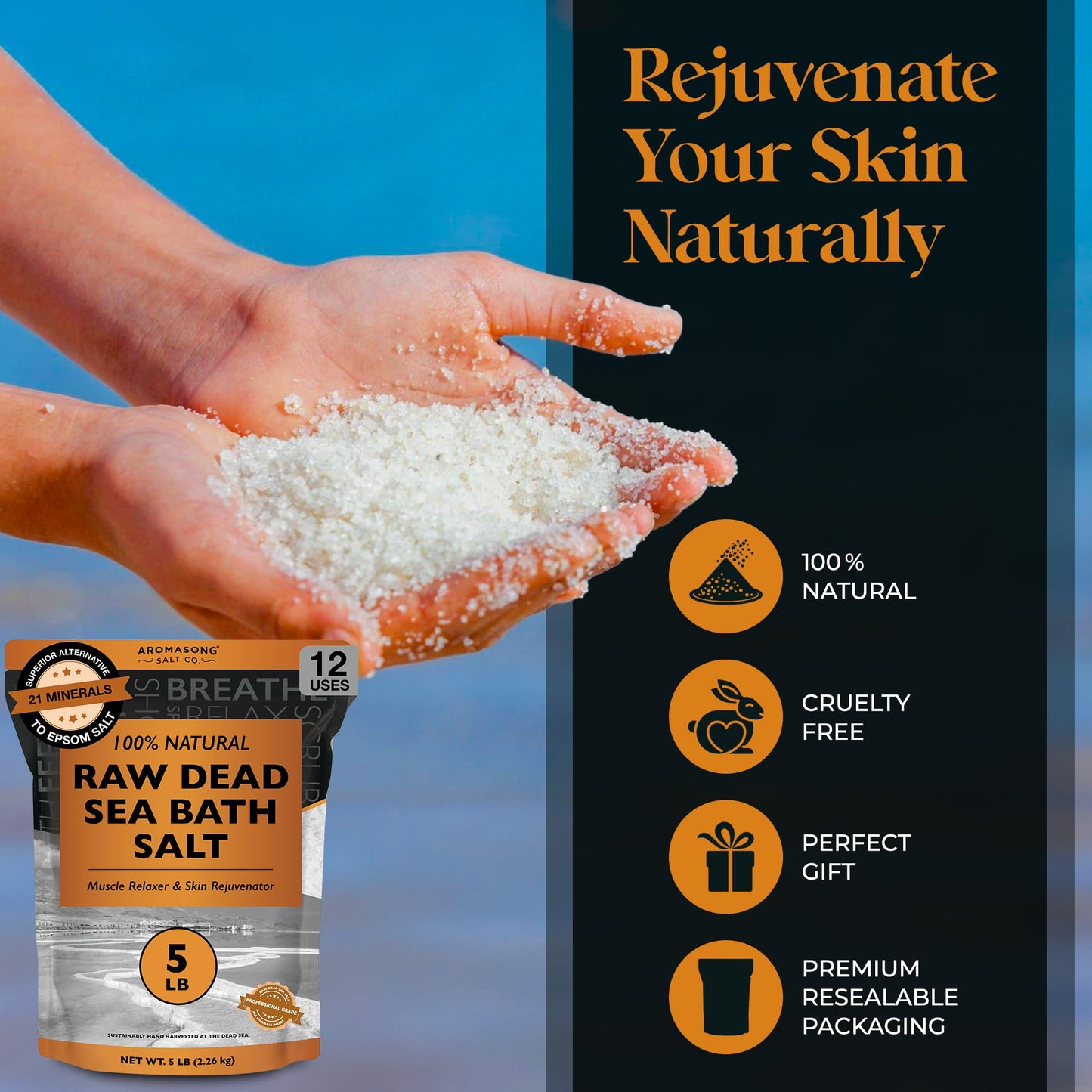Aromasong Raw Dead Sea Bath Salt - Minimally Cleaned, Contains More Dead Sea Minerals Including Dead Sea Mud - 100% Pure & Natural Dead Sea Salts